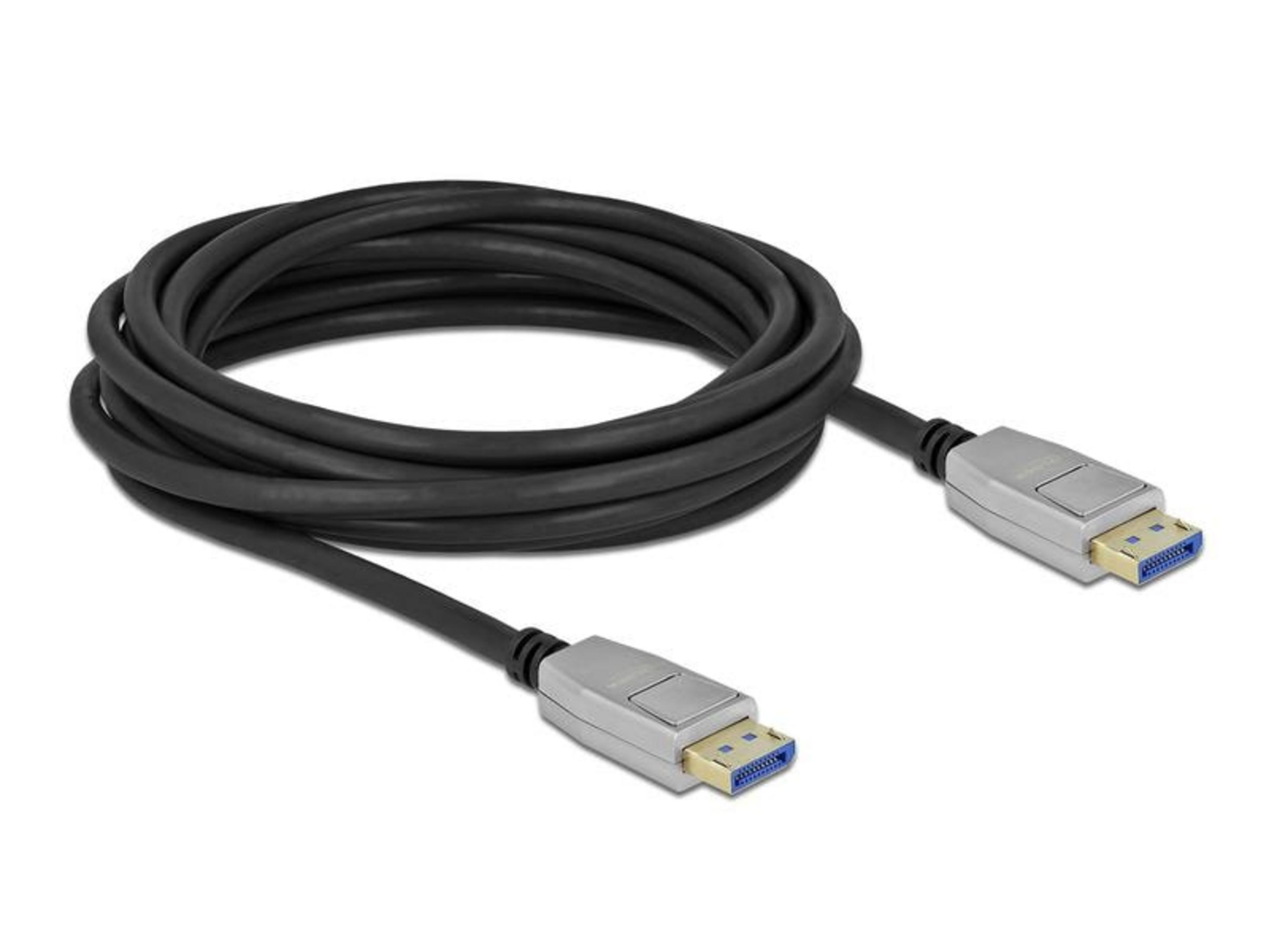 Schwarzes Kabel mit silbernen Steckern und blauen Einsätzen, auf weißem Hintergrund.