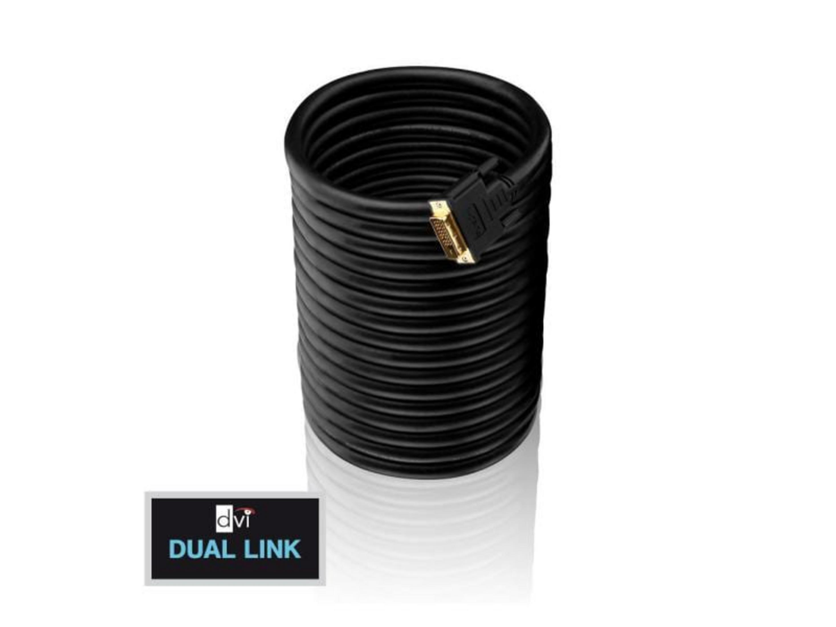 Schwarzes DVI-Kabel, aufgerollt, mit goldenem Anschluss. DVI Dual Link Logo.