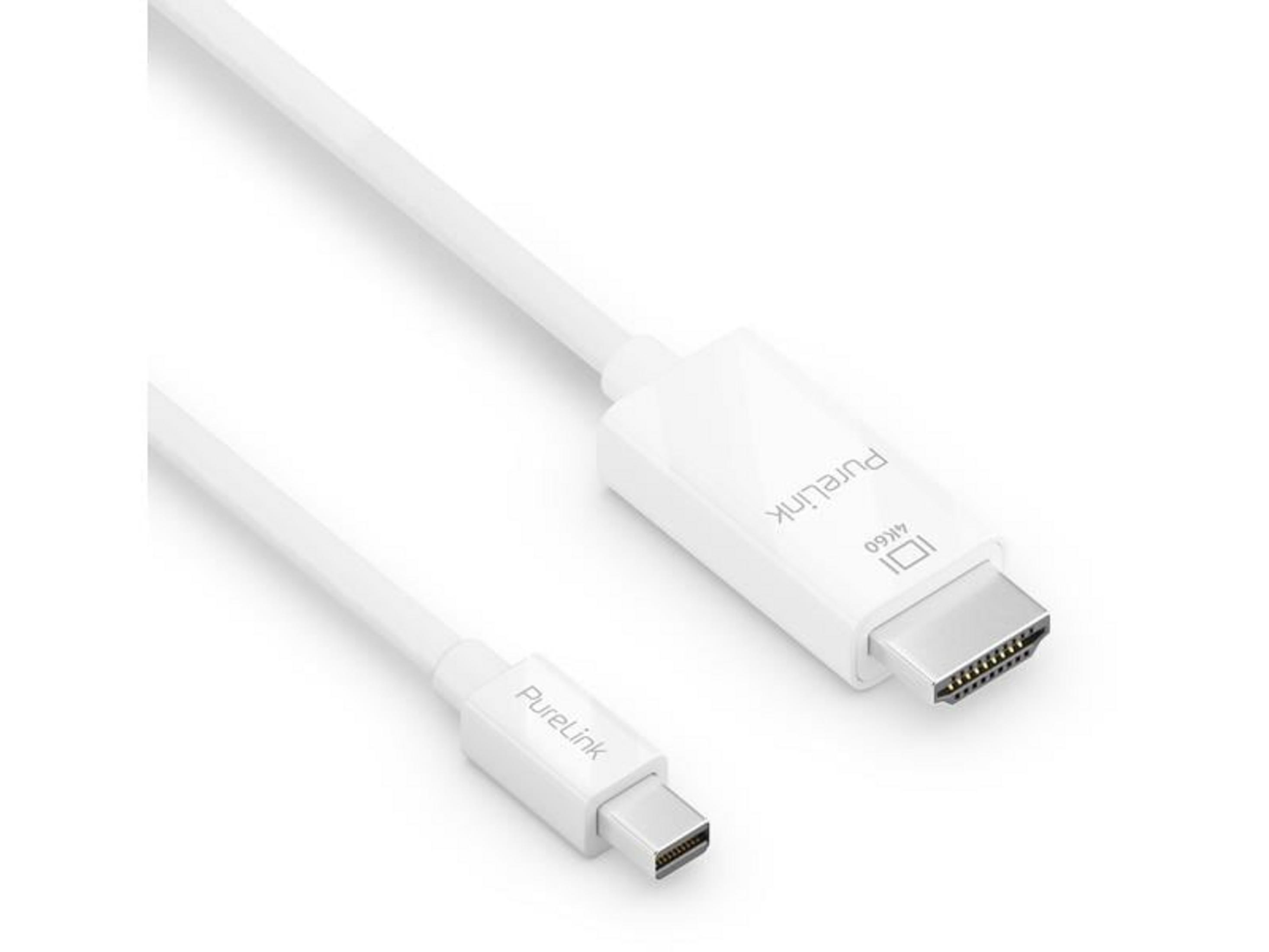 Un cavo HDMI PureLink bianco con connettore USB-C su sfondo bianco.