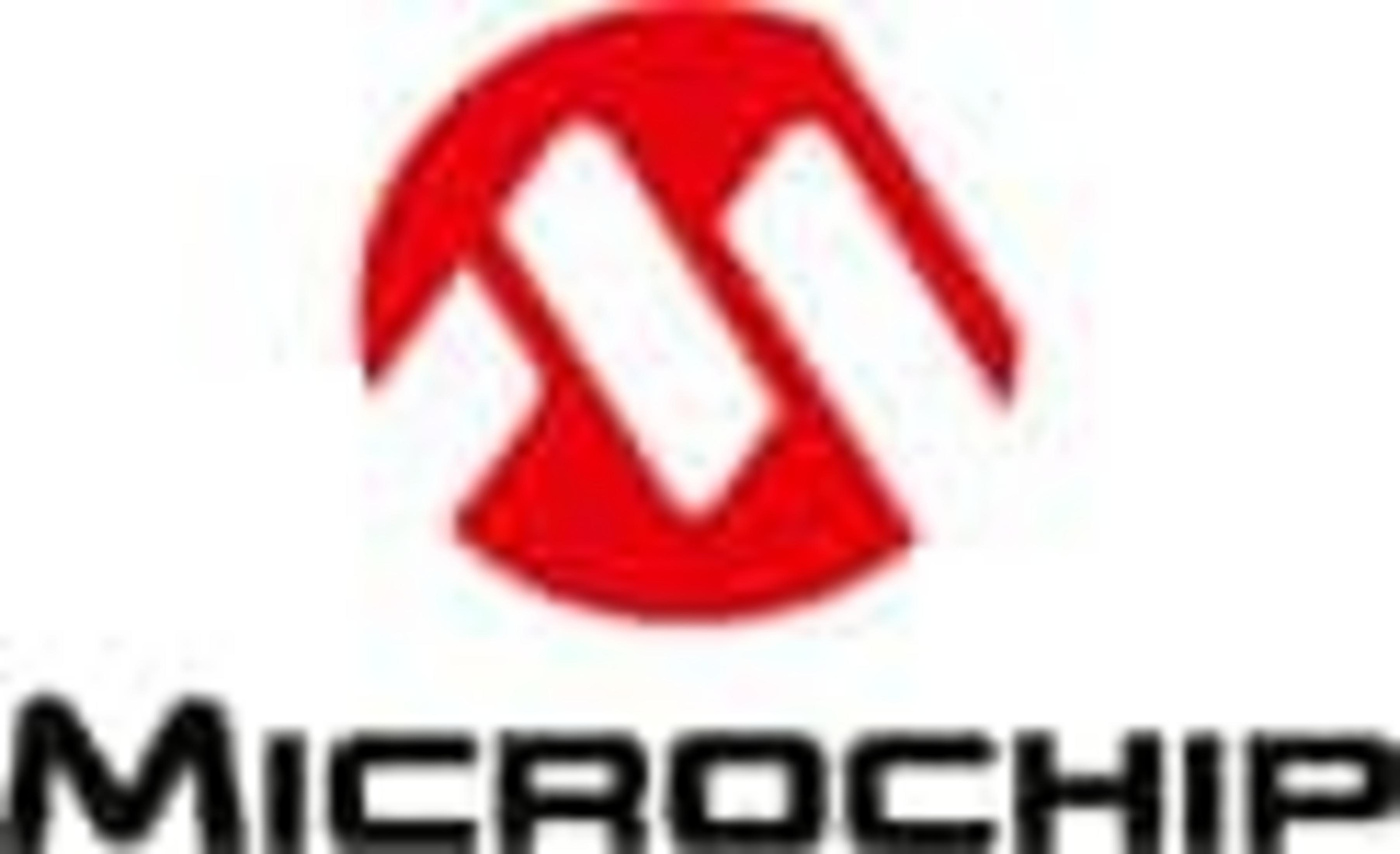 Il logo Microchip, con un simbolo rosso sopra il testo "MICROCHIP".