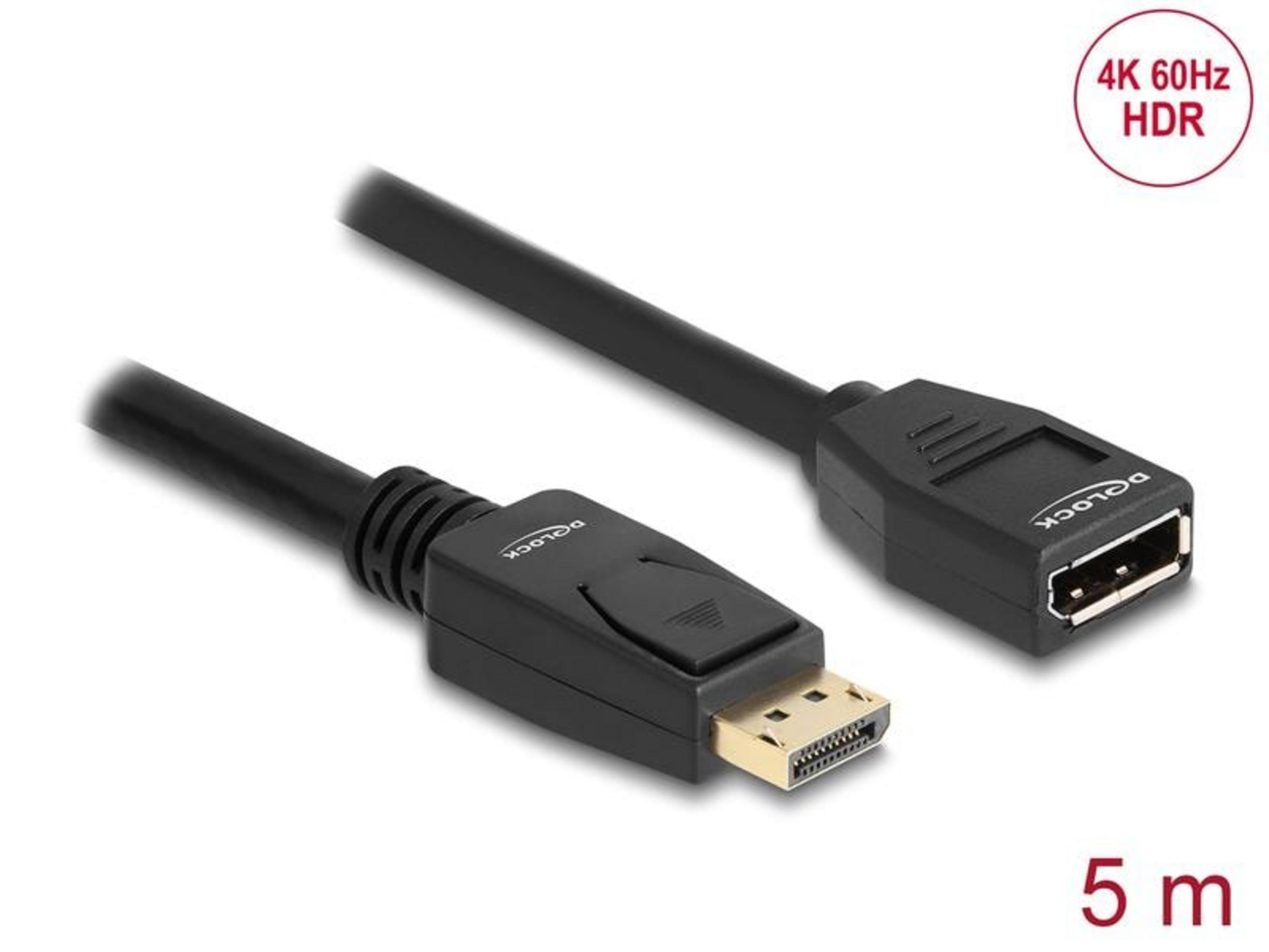 Ein schwarzes 5m DisplayPort-Kabel mit goldenem Stecker und USB-Anschluss.