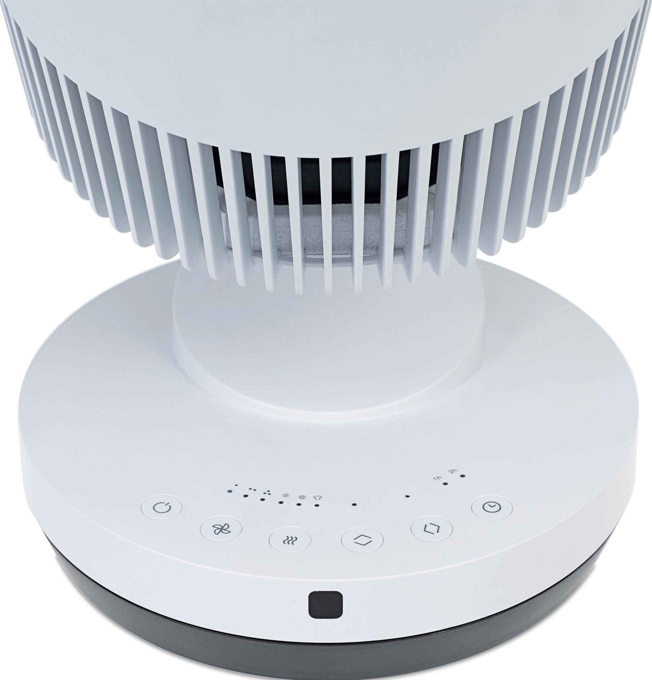 Ein weißer Ventilator mit Bedienfeld und Tasten auf weißem Hintergrund.