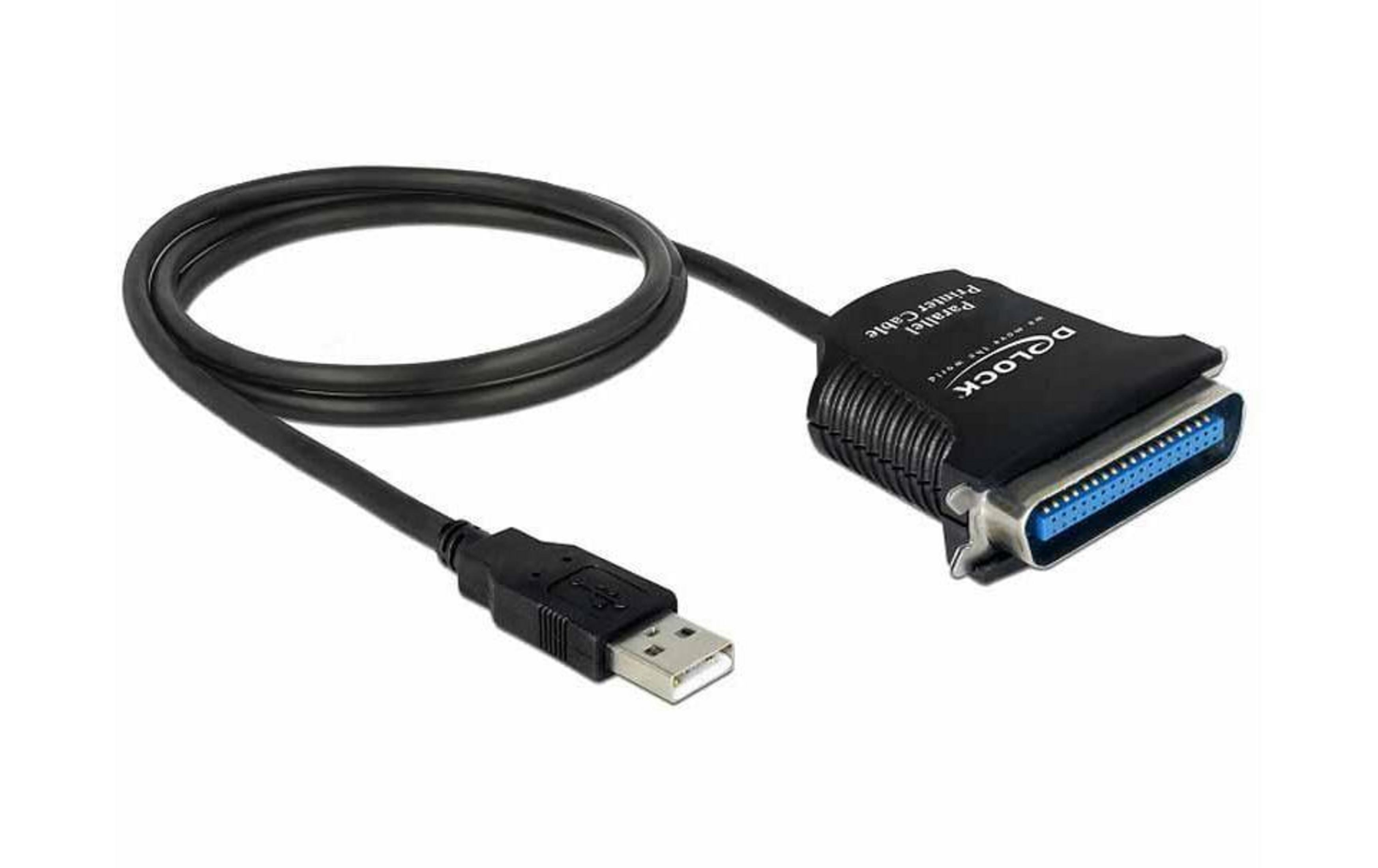 Cavo USB a Parallelo nero con connettore blu a 36 pin e logo "DELOCK".