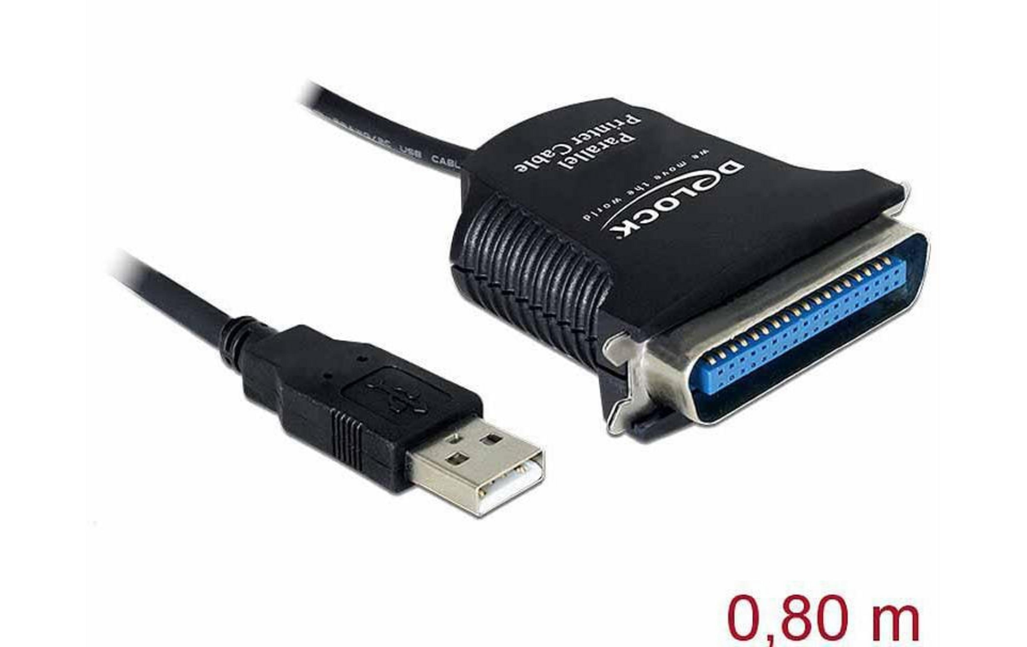 Un cavo stampante parallelo USB nero con un connettore e una porta stampante larga.