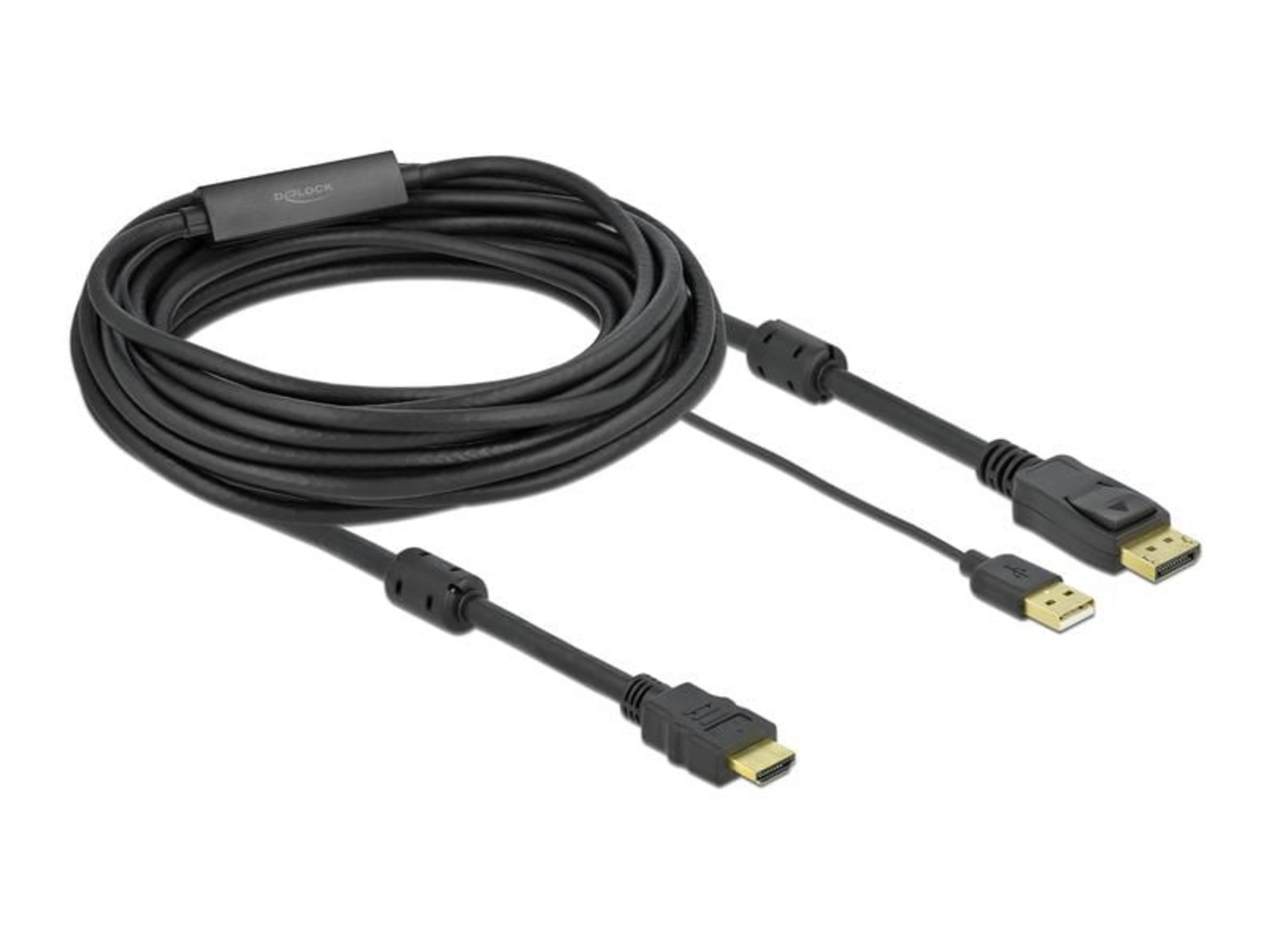 Schwarzes Kabel mit HDMI- und DisplayPort-Anschlüssen auf weißem Hintergrund.