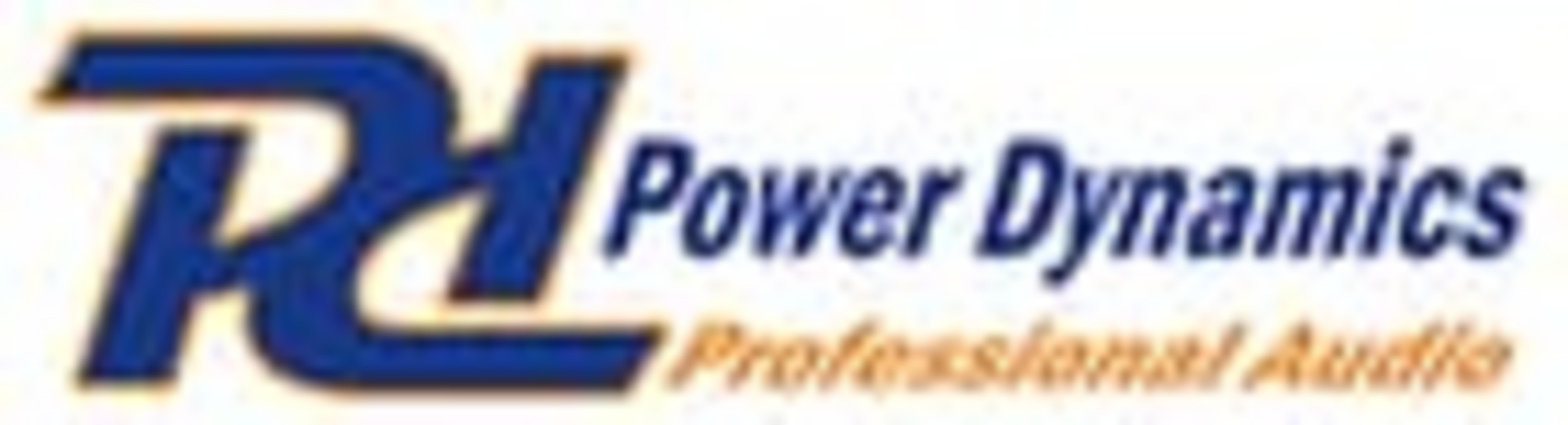 Logotipo con símbolo azul 'RC' y texto 'Power Dynamics Professional Audio'.