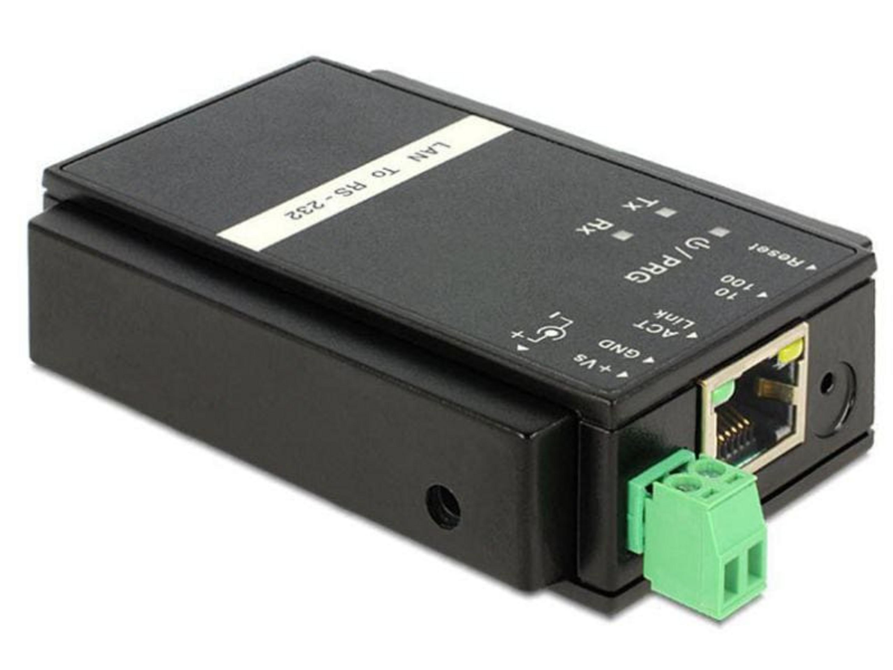 Convertitore Ethernet a RS-232 nero con porta RJ45 e morsettiera verde.