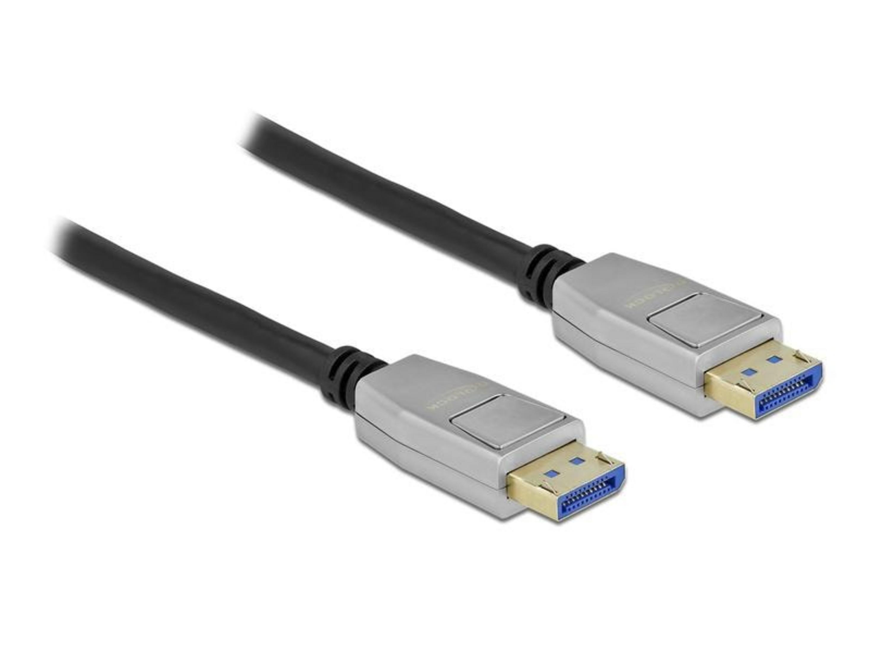 Ein schwarzes Kabel mit zwei silbernen DisplayPort-Anschlüssen.