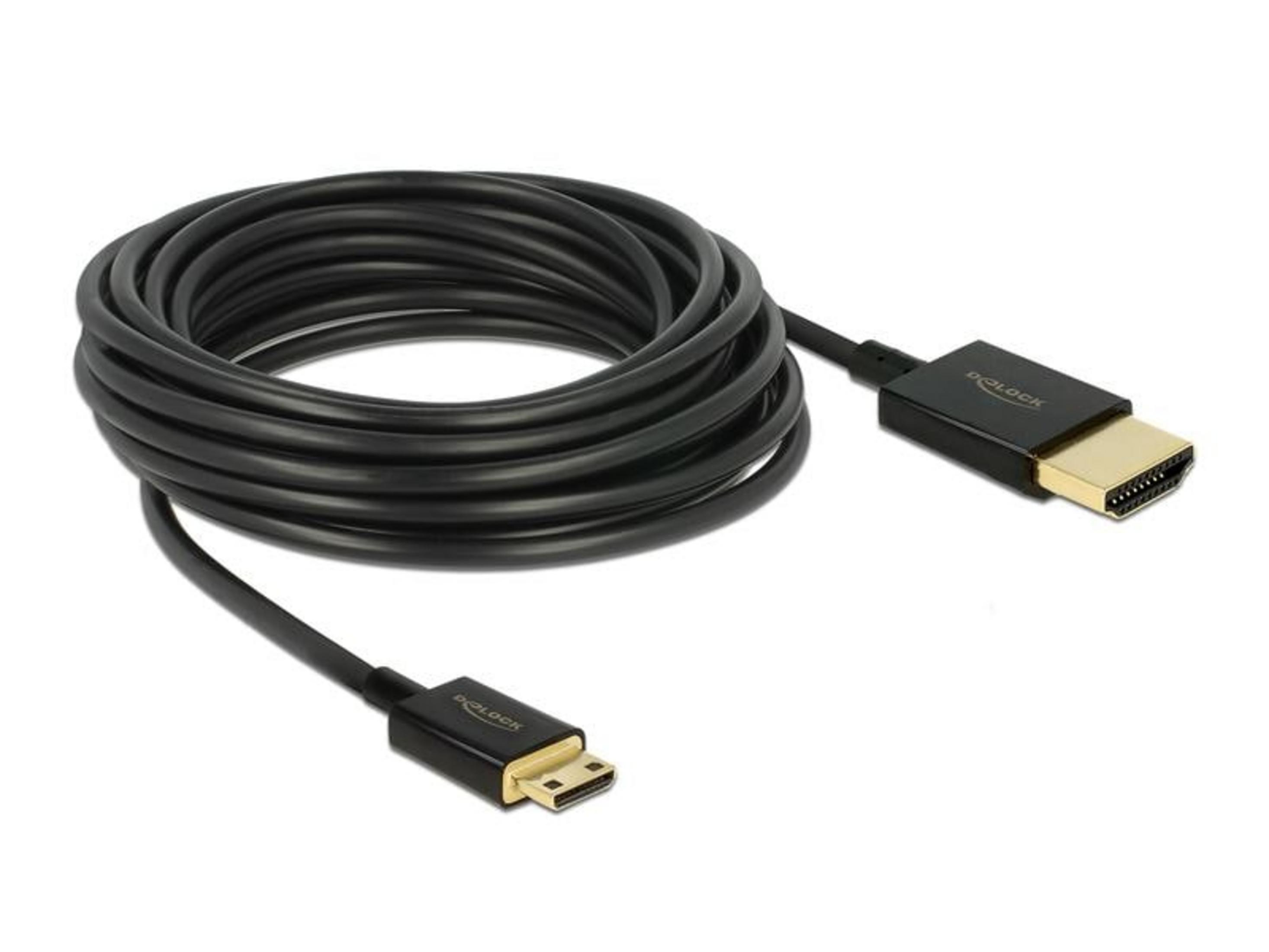 Schwarzes HDMI-Kabel mit Goldstecker und Mini-HDMI-Anschluss.
