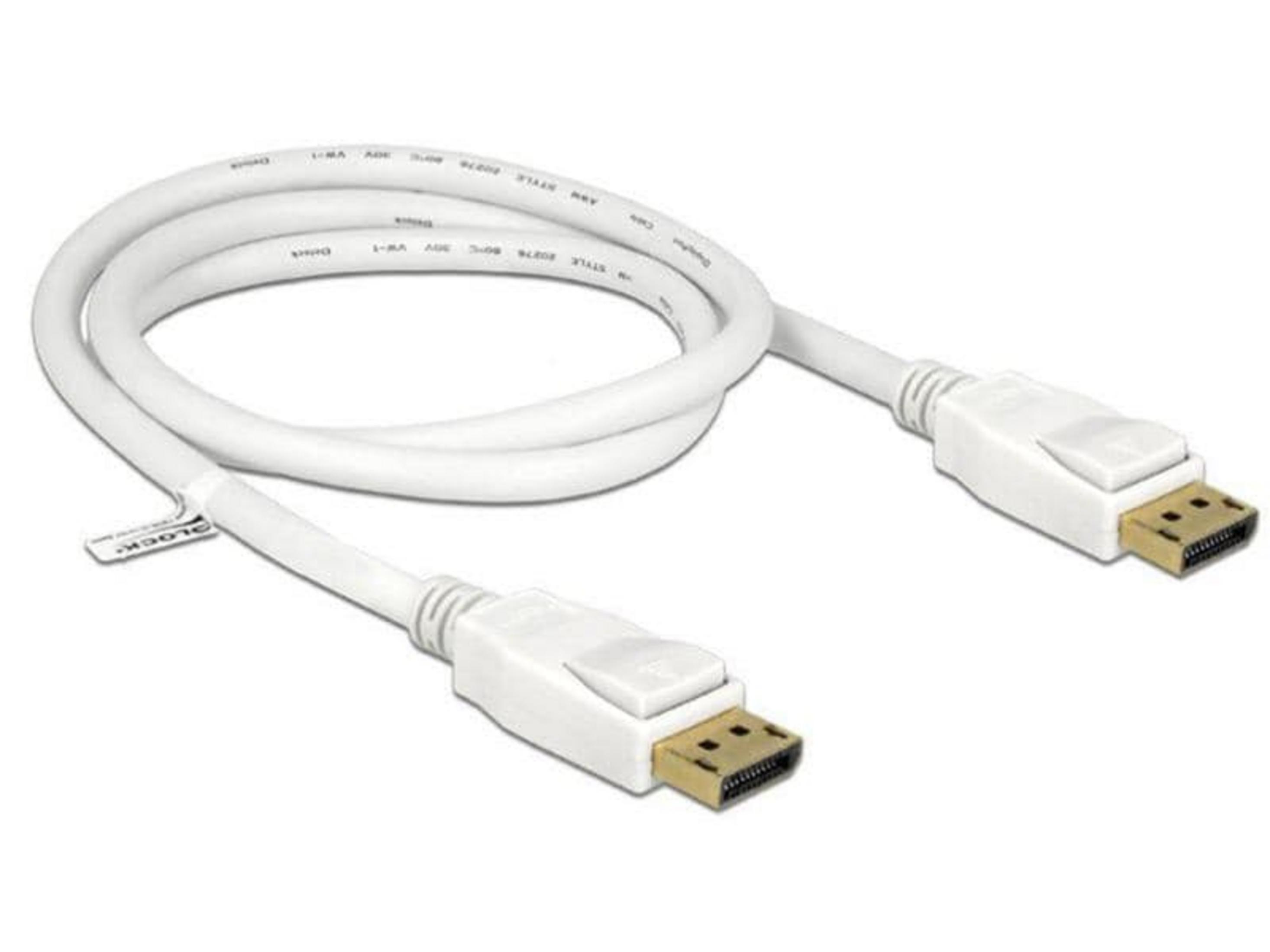 Biały kabel DisplayPort ze złotymi złączami i przyciskiem zwalniającym.