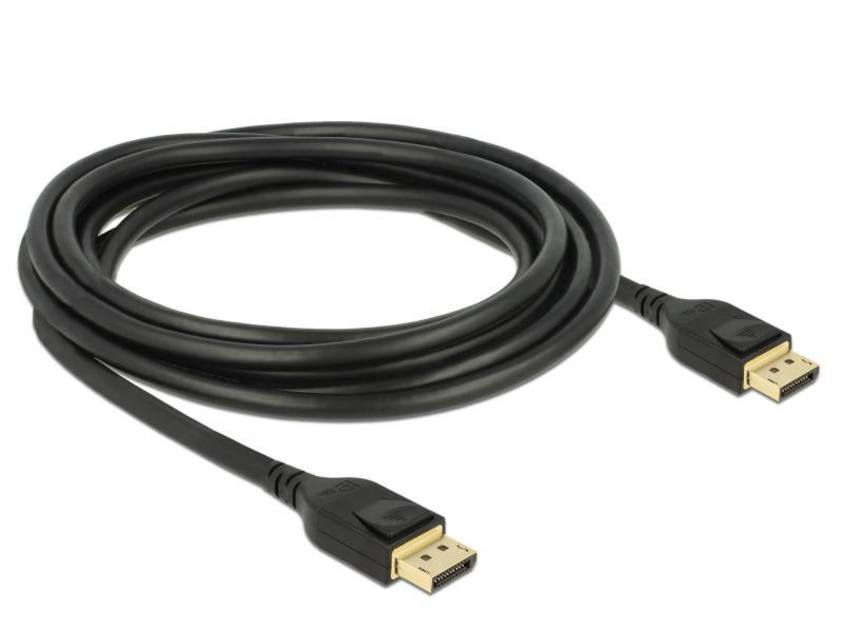 Schwarzes DisplayPort-Kabel mit goldenen Anschlüssen, auf weißem Hintergrund.