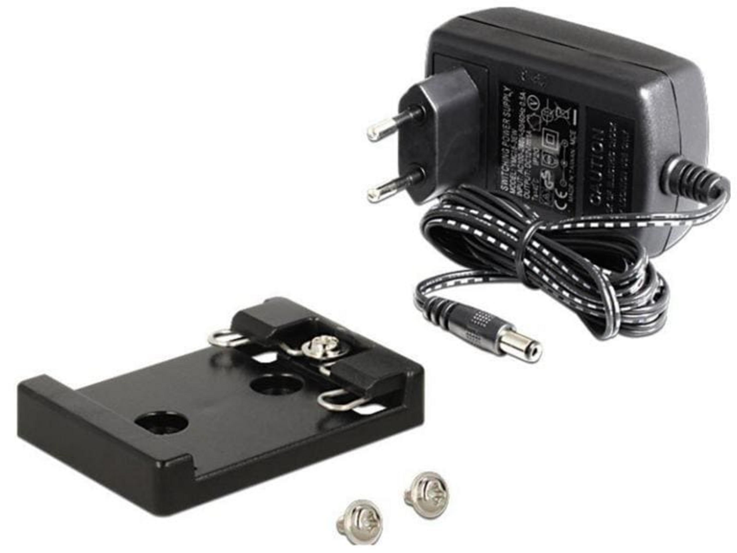 Alimentatore nero con cavo, staffa nera e due viti.