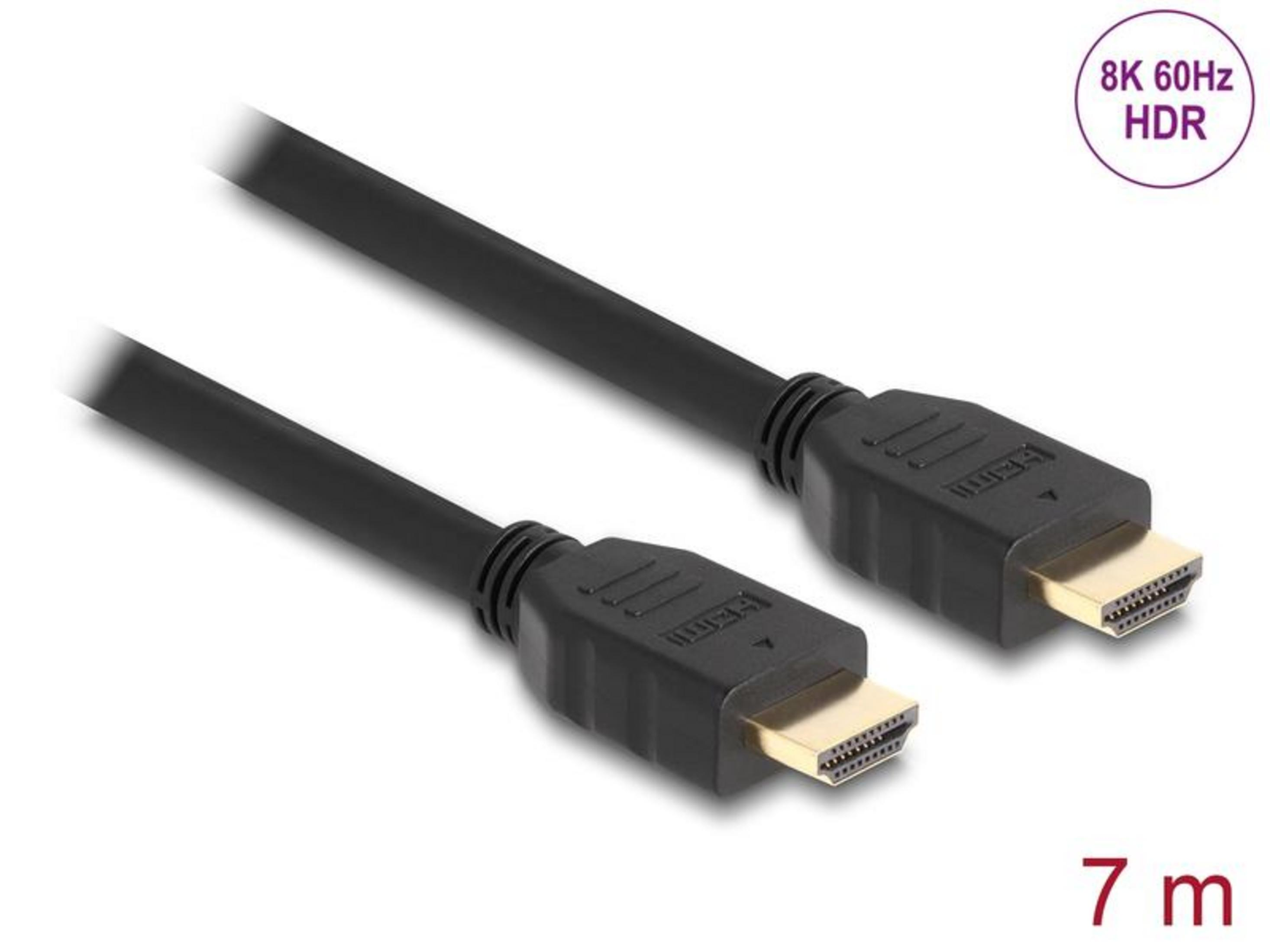 Ein schwarzes HDMI-Kabel mit goldenen Steckern, 7m lang, 8K 60Hz HDR.