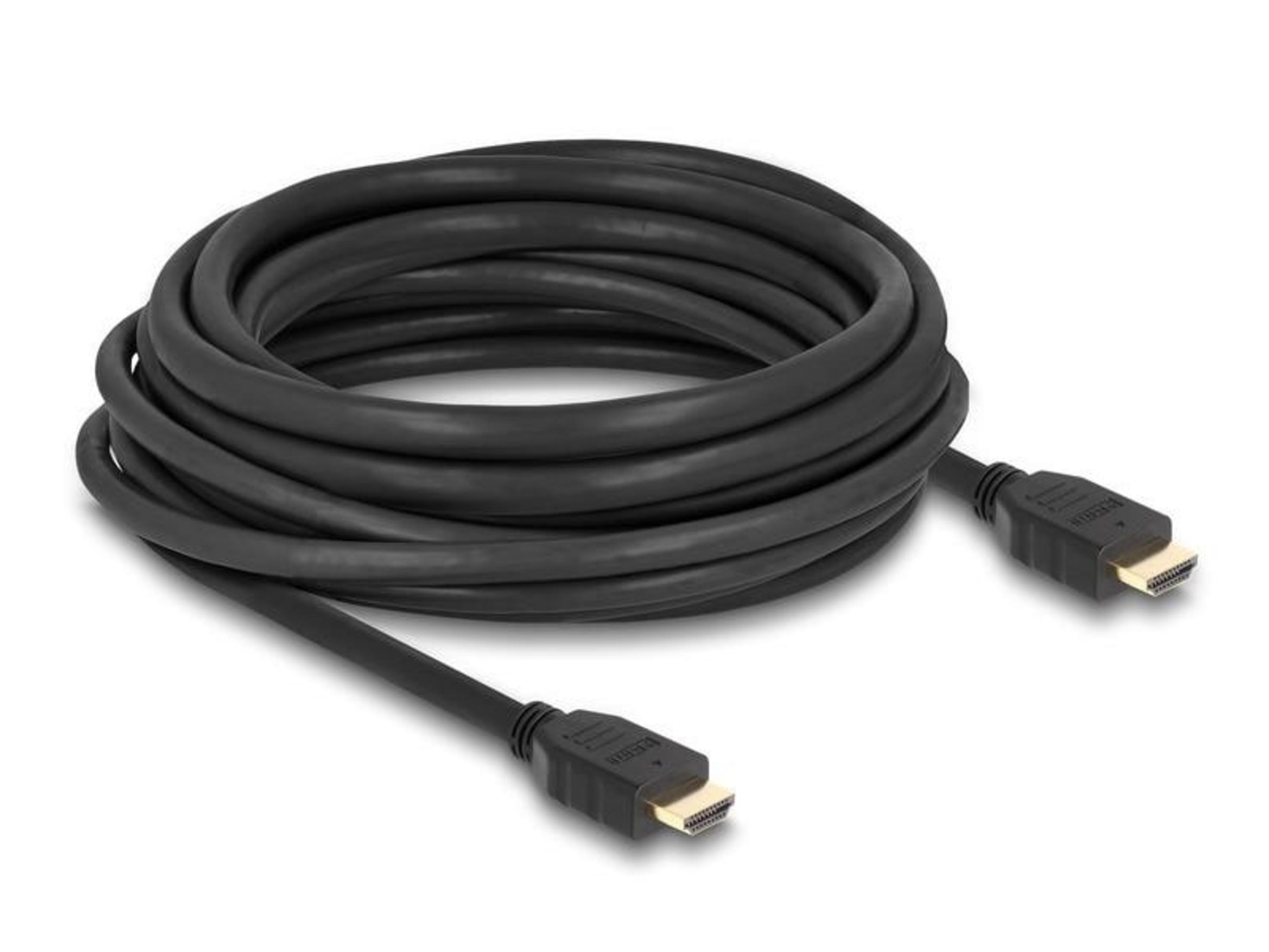 Schwarzes HDMI-Kabel mit goldenen Anschlüssen, aufgerollt.