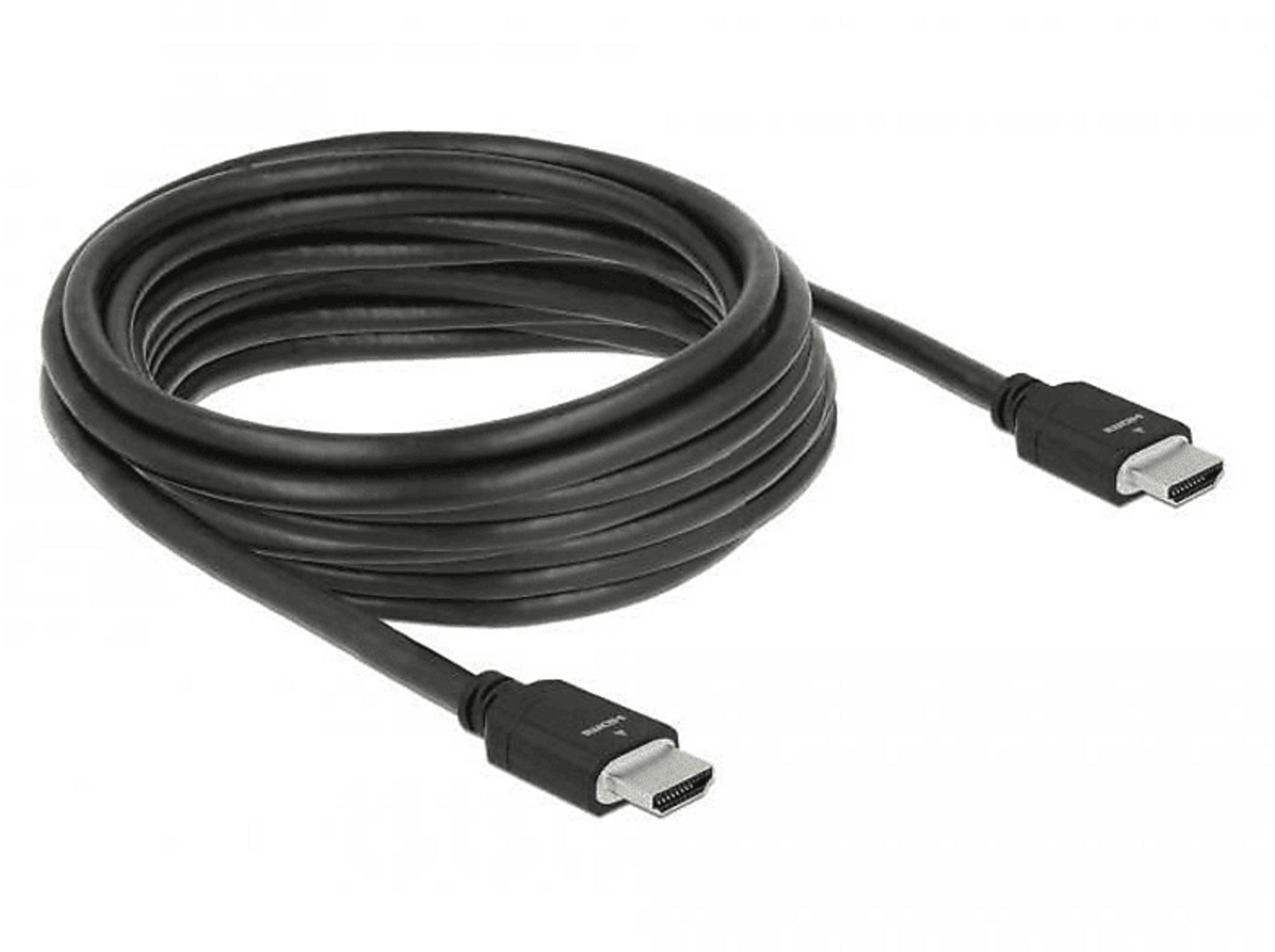 Een zwarte HDMI-kabel, opgerold, met connectoren aan beide uiteinden.