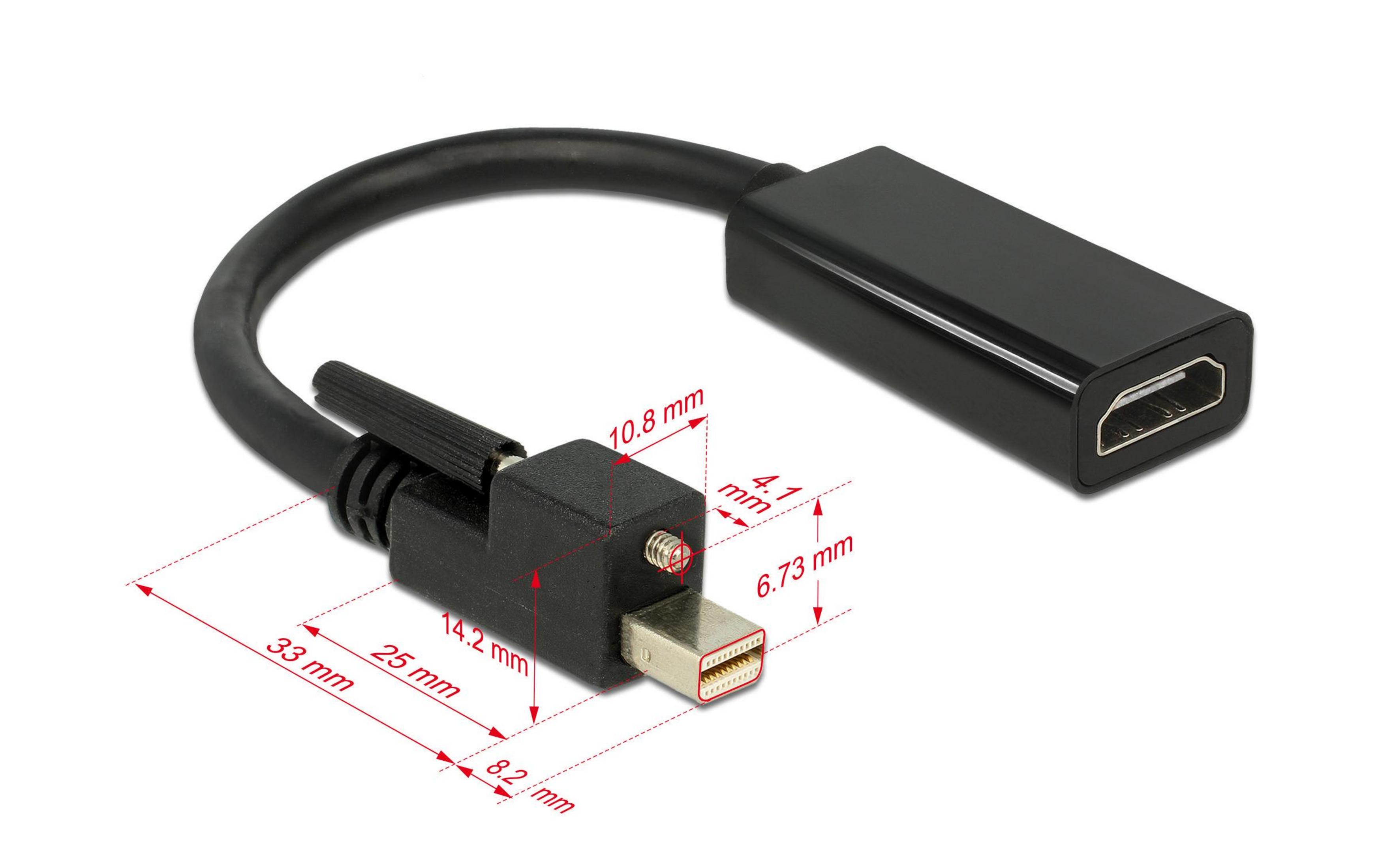 Ein schwarzer Mini-DisplayPort-zu-HDMI-Adapterkabel mit Maßen.