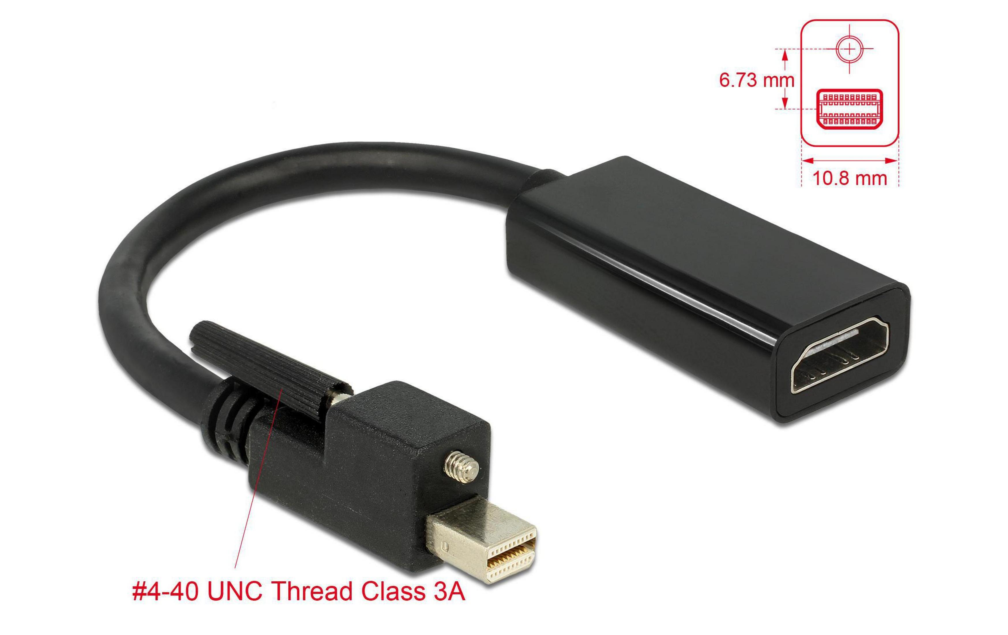 Ein schwarzes Kabel verbindet einen Mini DisplayPort-Stecker mit einem HDMI-Anschluss.