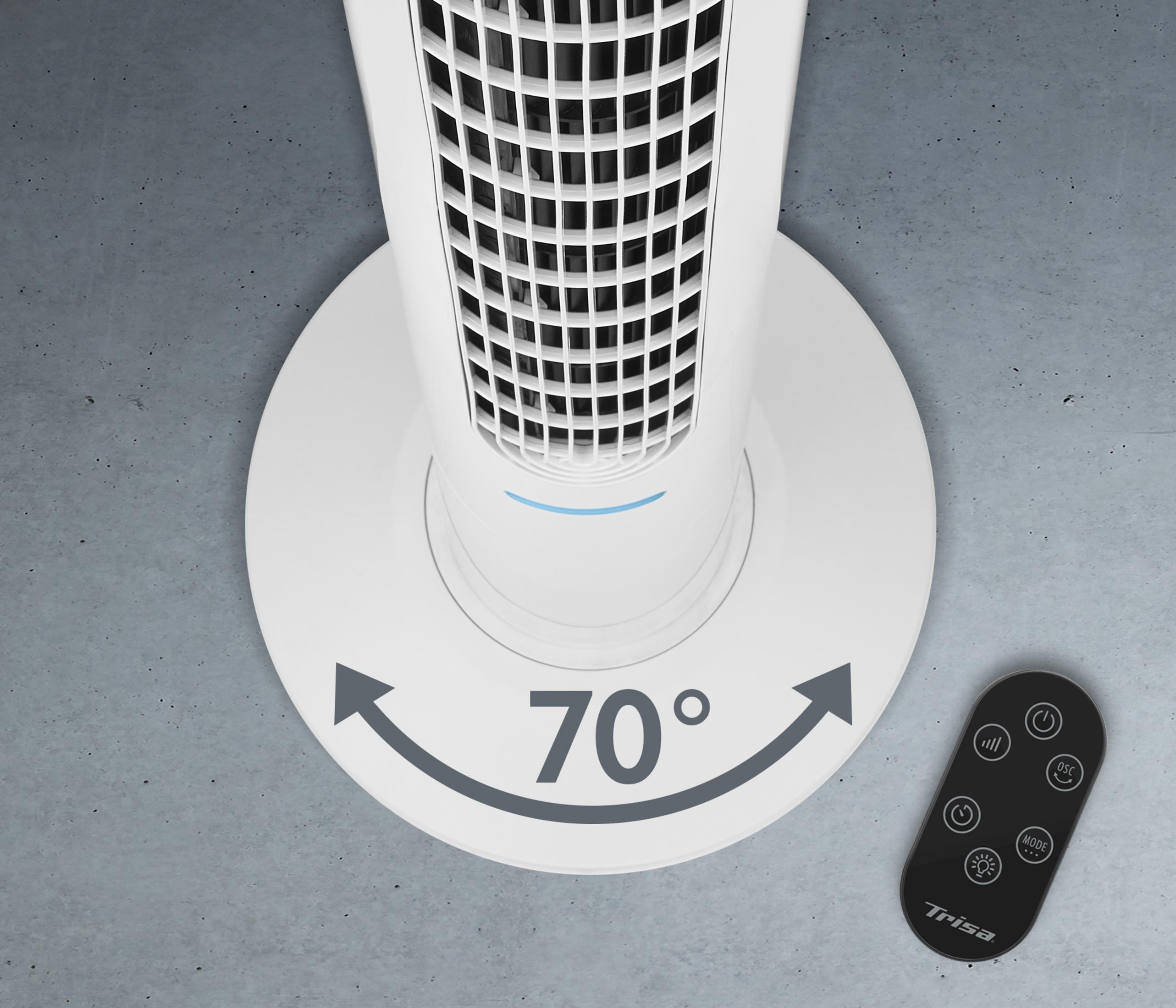 Ein weißer Turmventilator mit Fernbedienung auf Betonboden. Zeigt 70 Grad Oszillation.