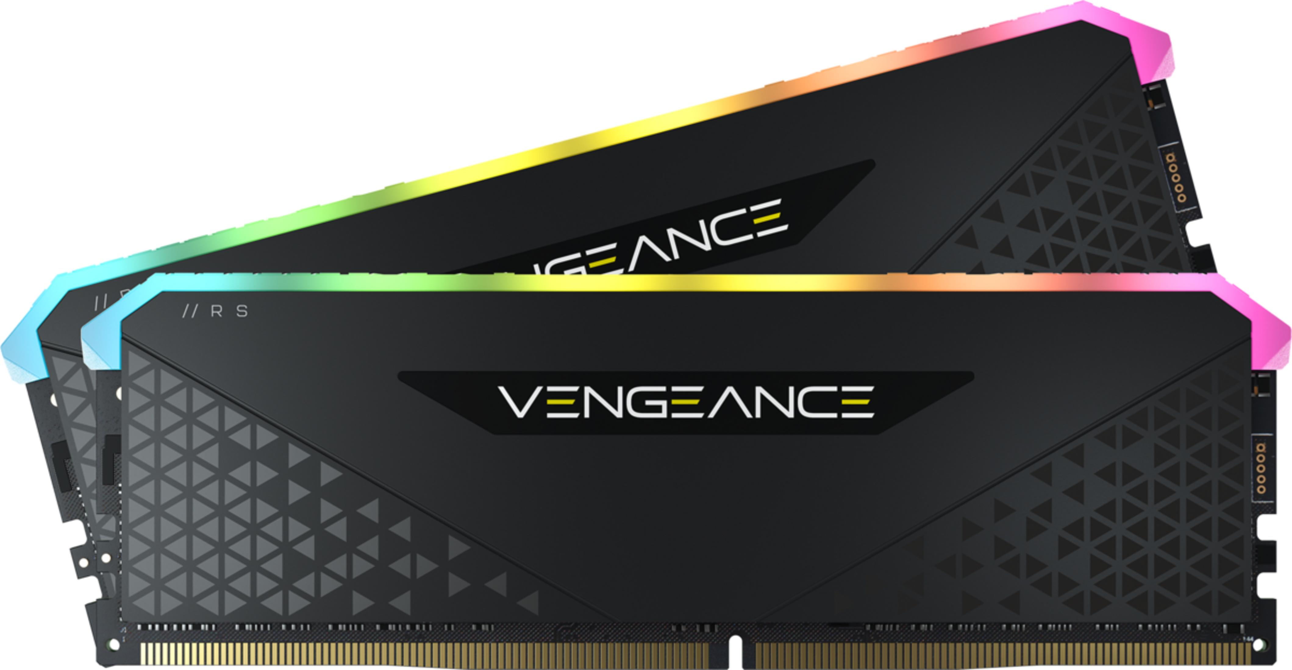 Dwa czarne moduły RAM z oświetleniem RGB i marką VENGEANCE.
