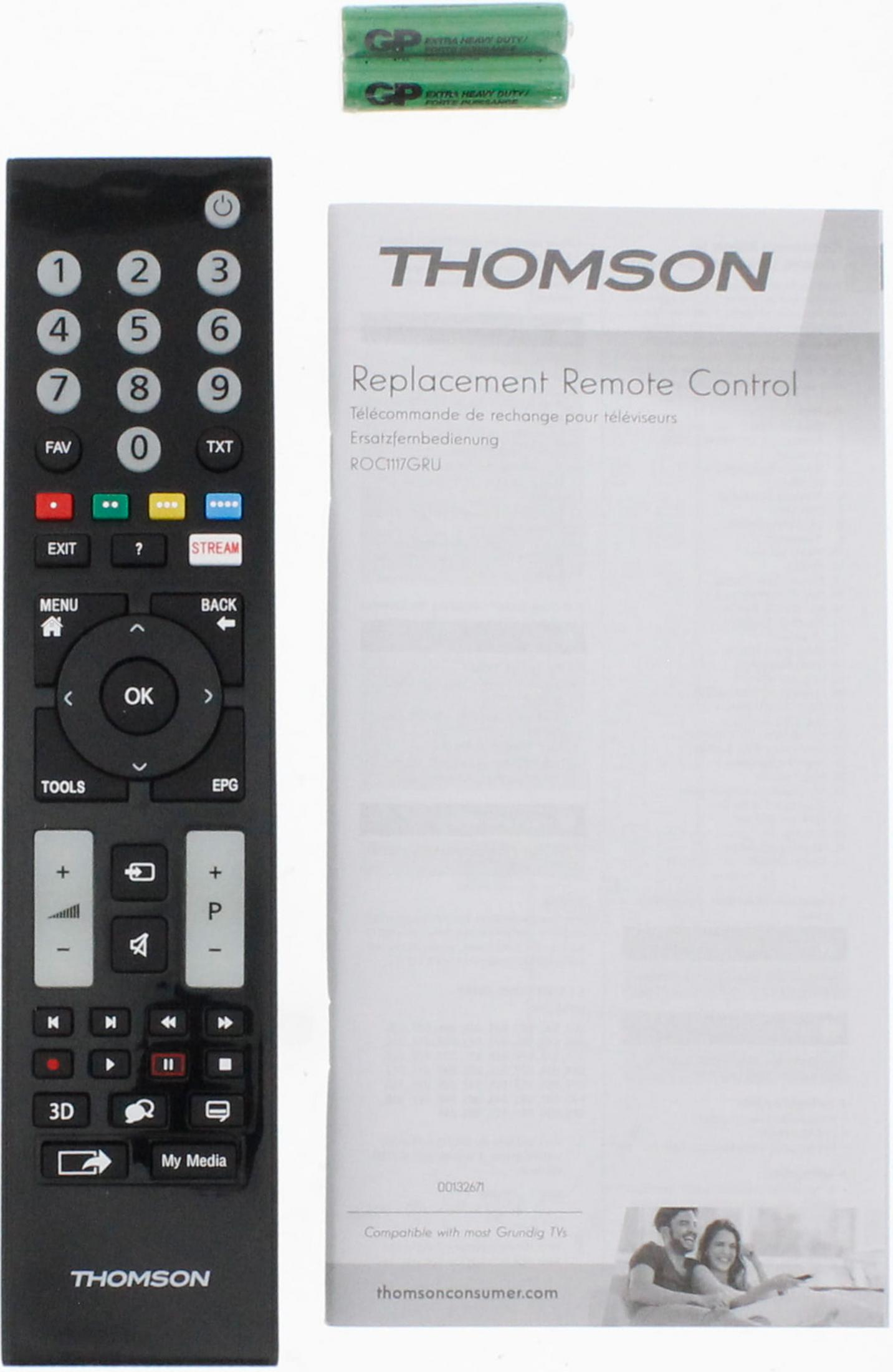 Ein Thomson-Fernbedienungsset mit Batterien und Anleitung.