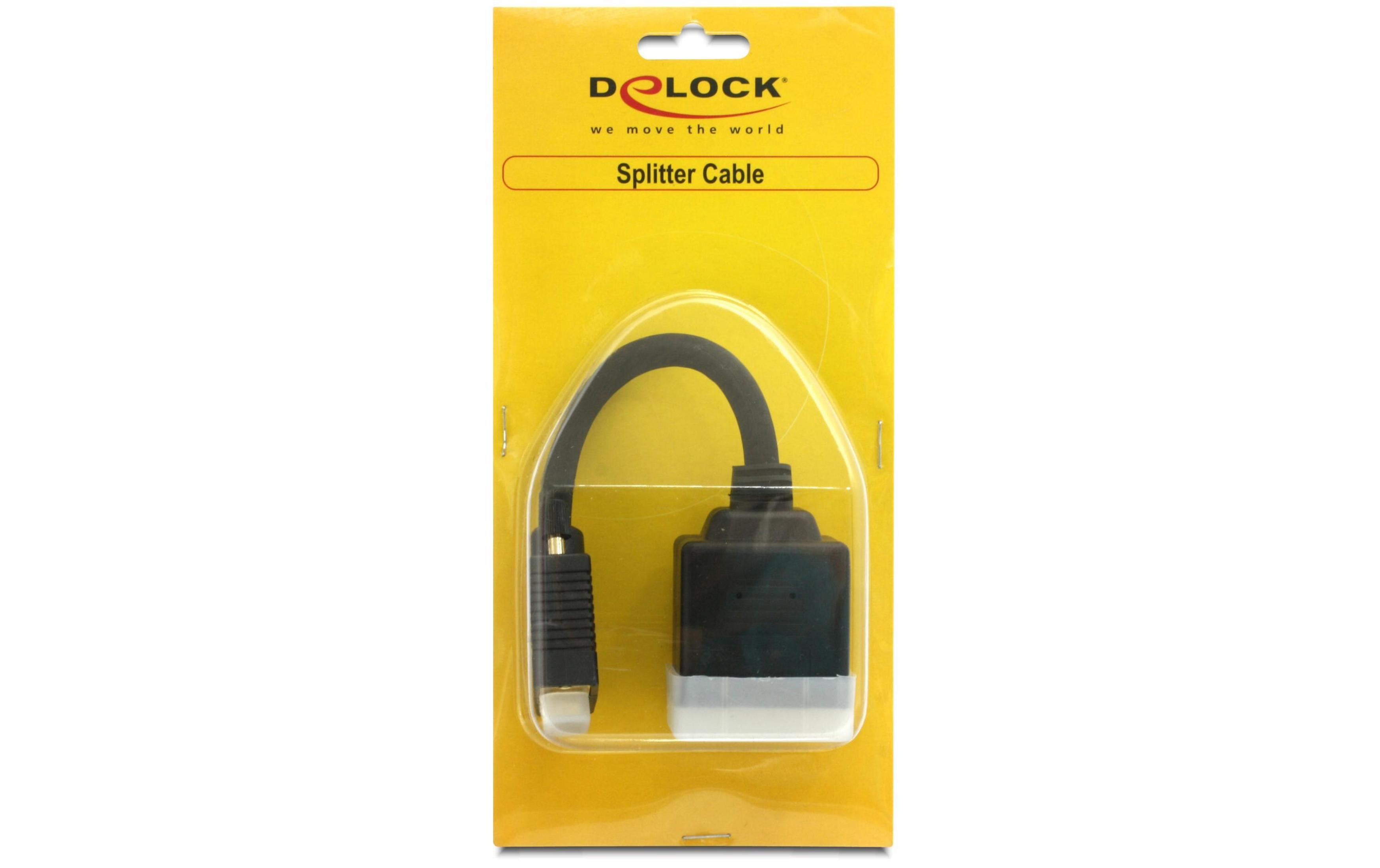 Ein Delock Splitter-Kabel in gelber Verpackung mit schwarzem Kabel und Stecker.