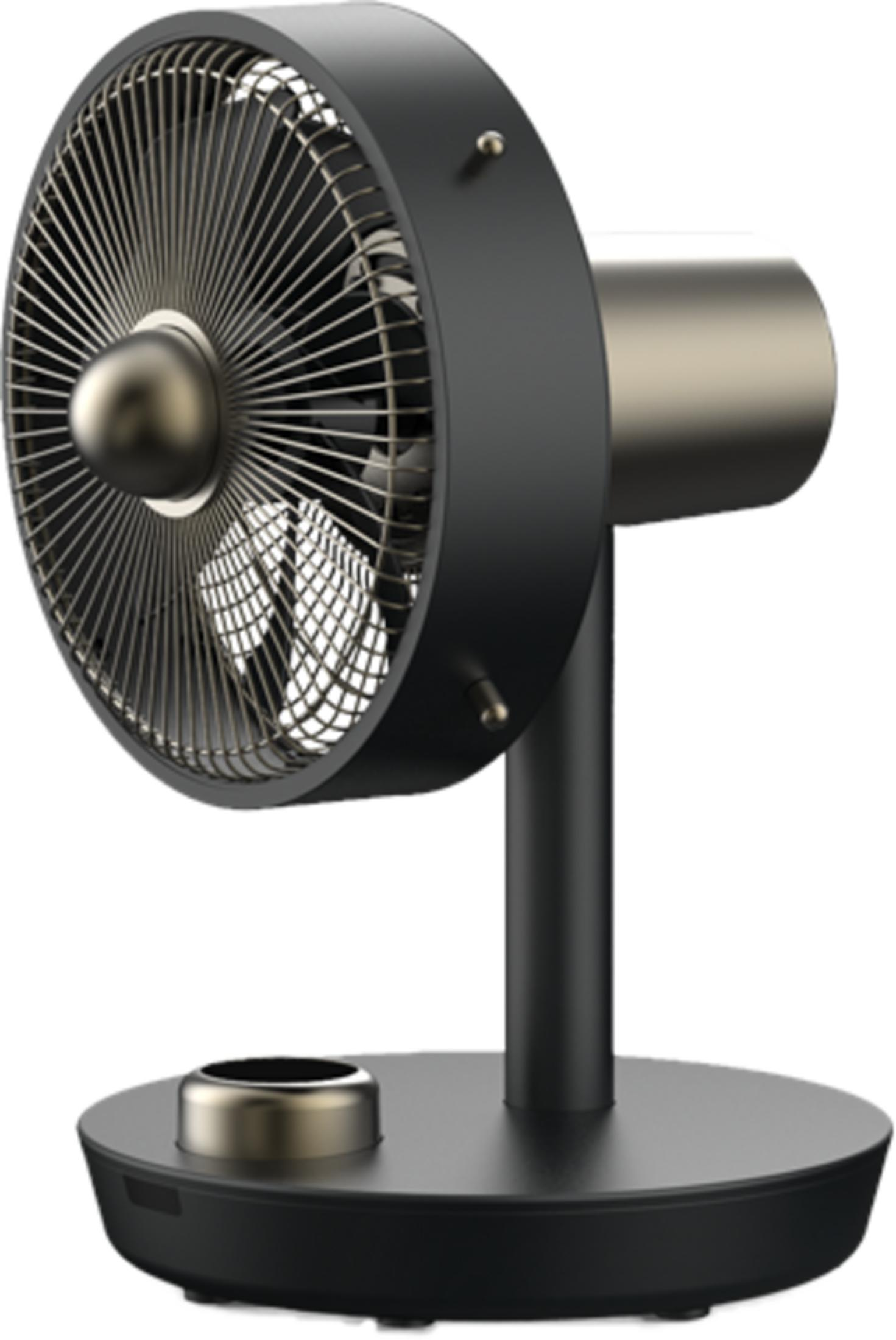 Ein schwarzer Tischventilator mit Metallgittern und einem runden Sockel.