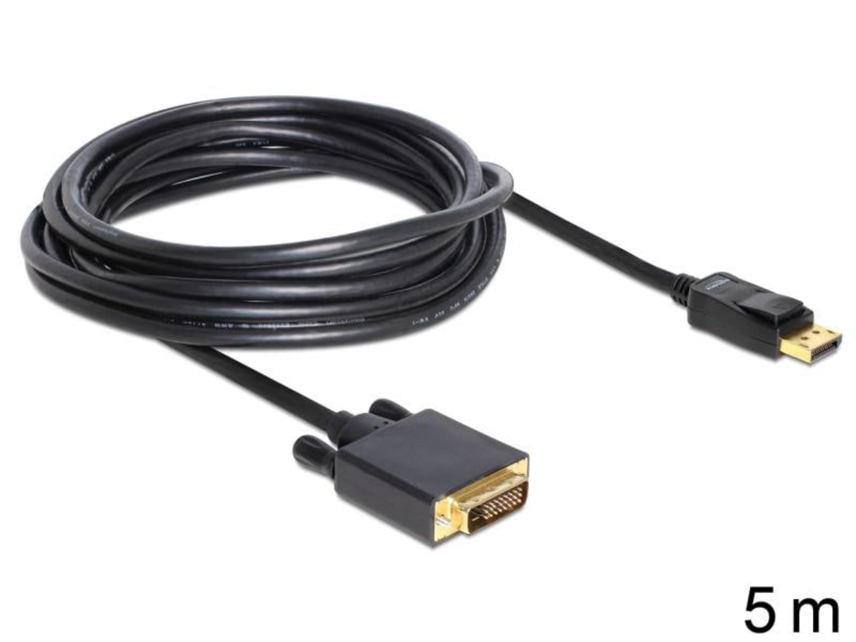 Schwarzes 5m Kabel mit DisplayPort- und DVI-Anschlüssen.