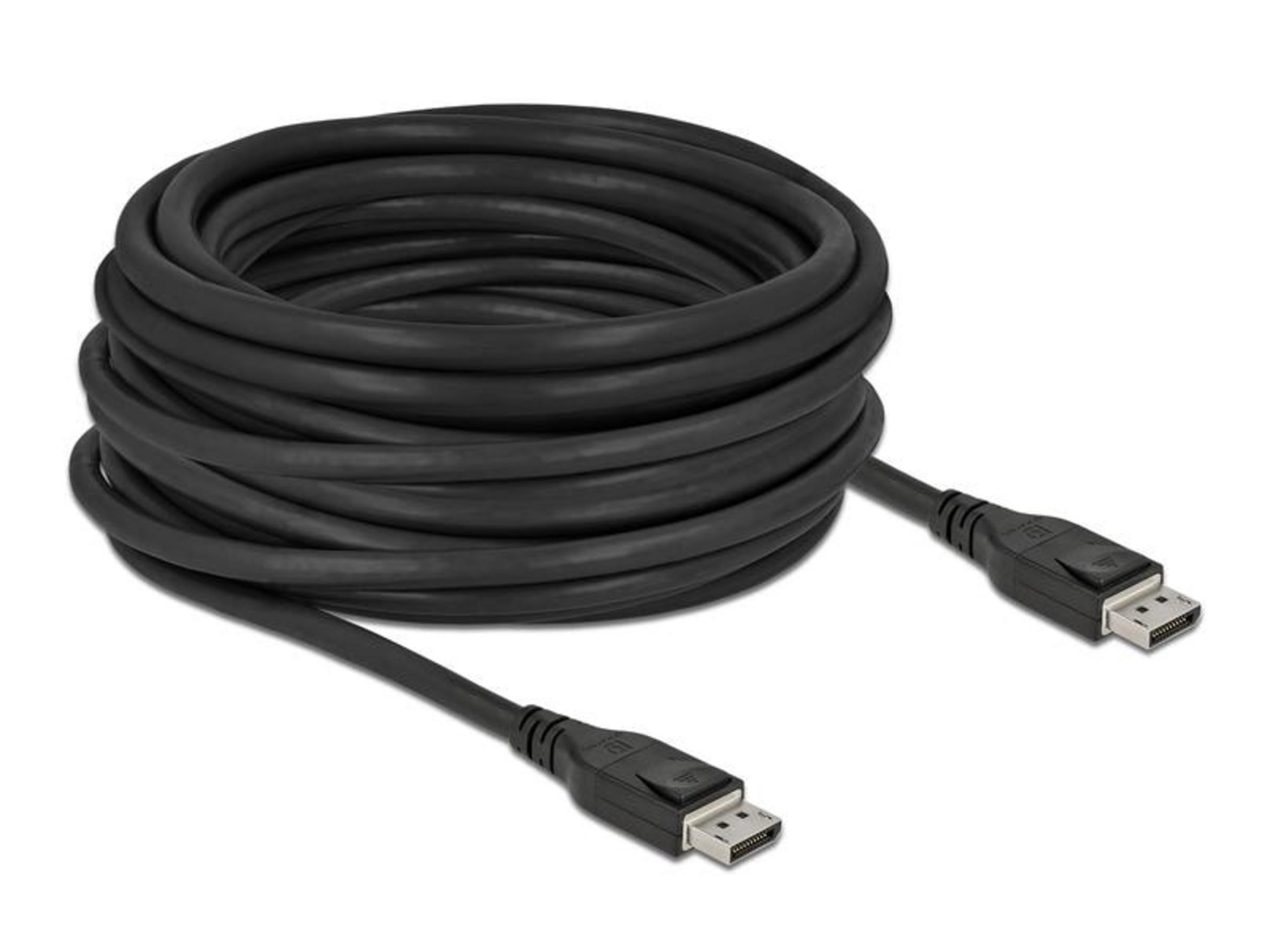 Schwarzes DisplayPort-Kabel mit beiden Anschlüssen sichtbar, auf weißem Hintergrund.