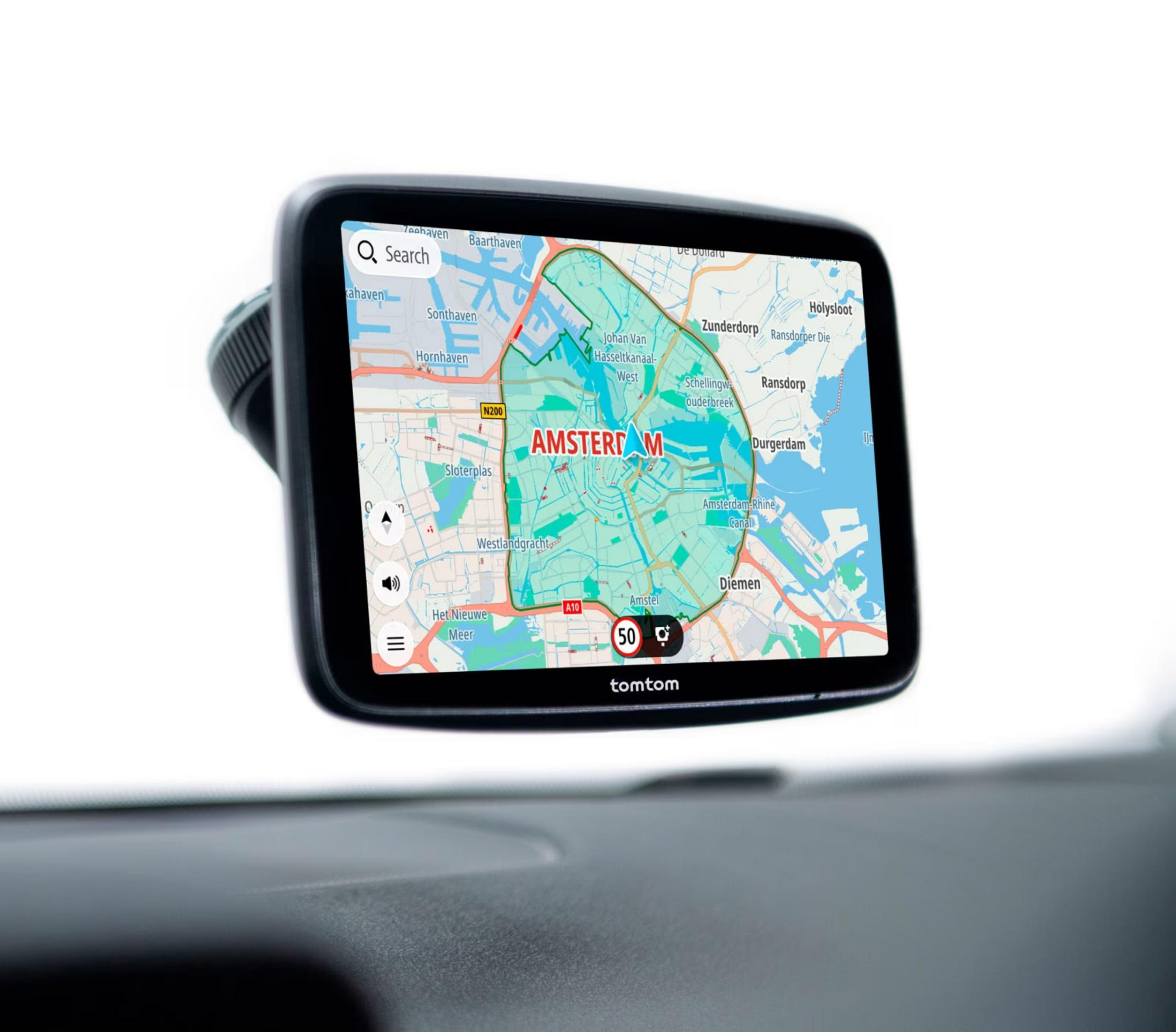 A TomTom navigation device displays a map of Amsterdam with routes.