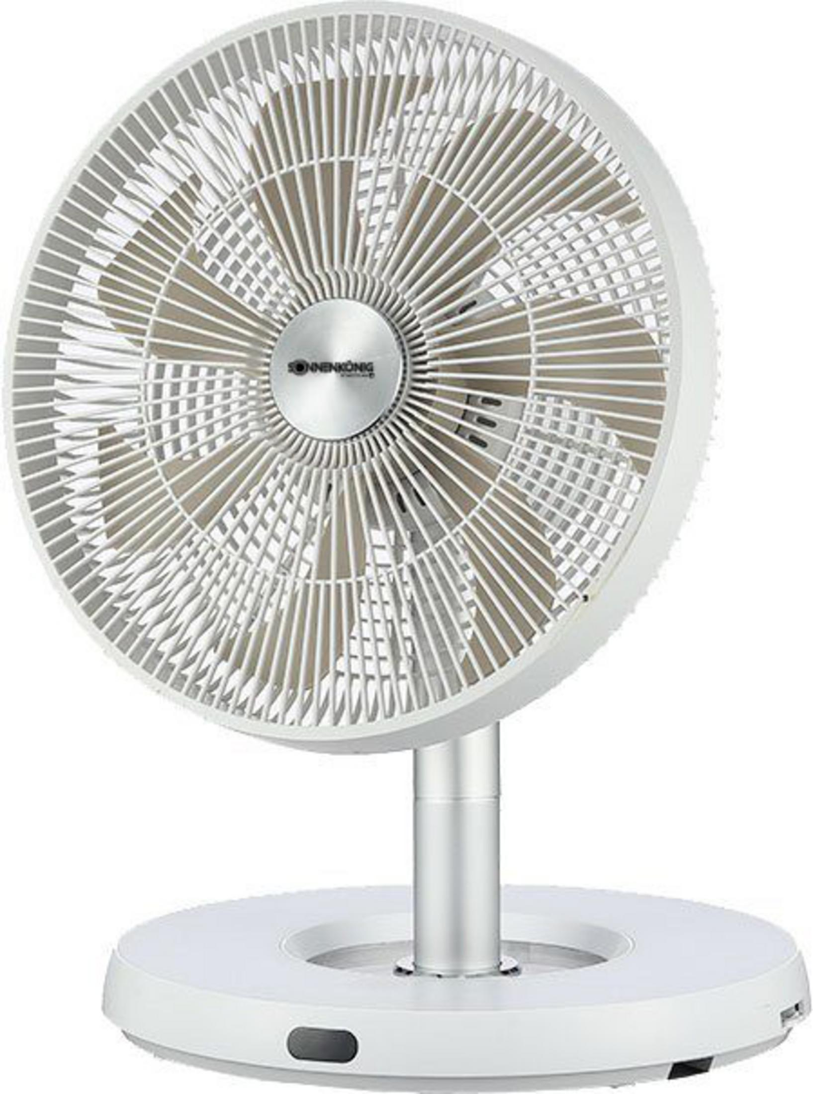 Ein weißer Tischventilator mit silbernem Ständer und runder Basis.