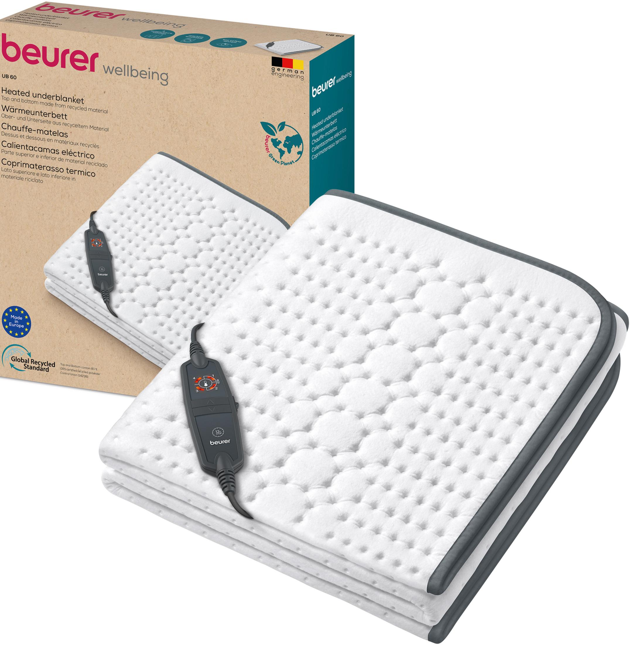 Una coperta termica bianca con controller e confezione.