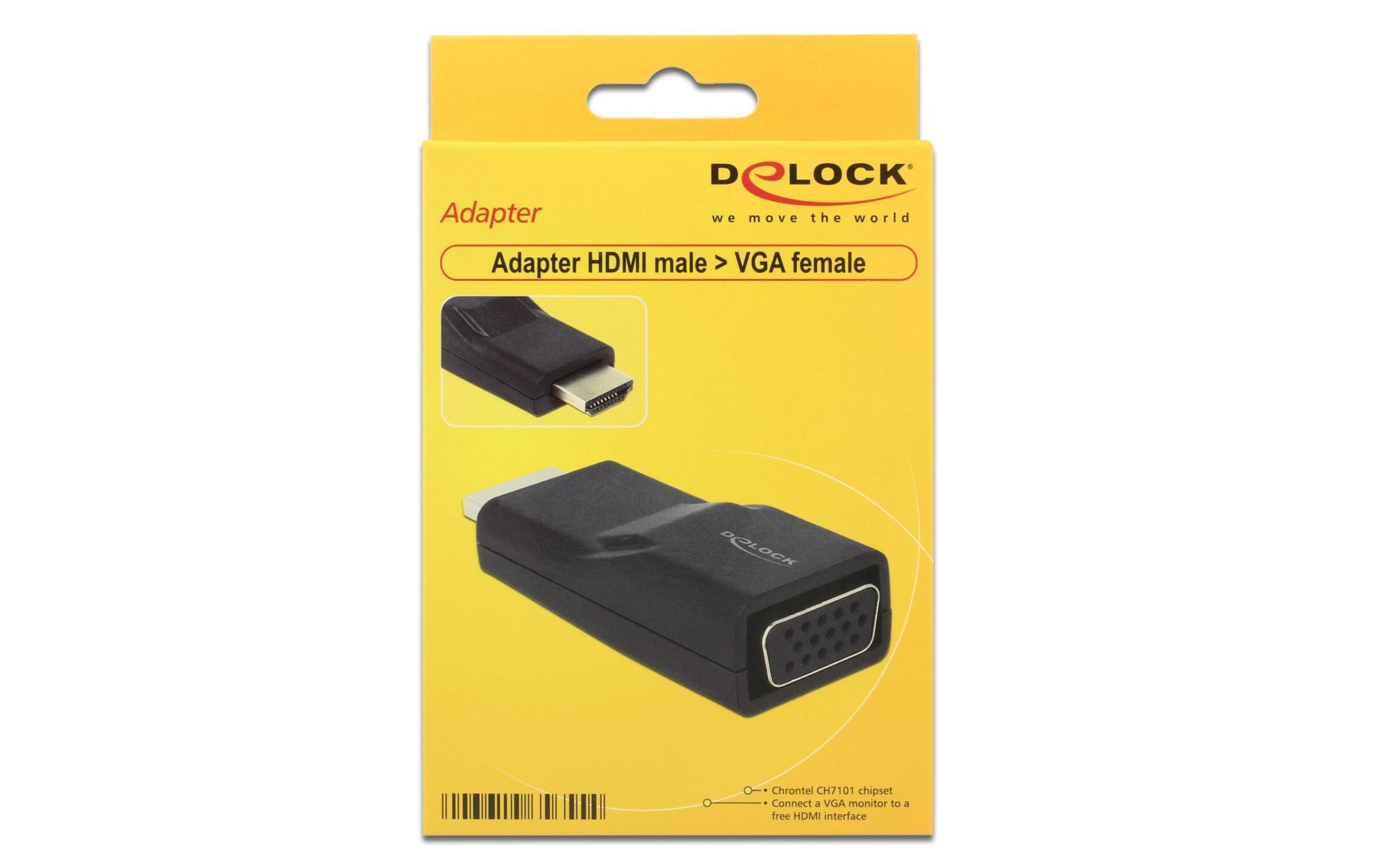 Czarny adapter HDMI na VGA z logo Delock na żółtym opakowaniu.