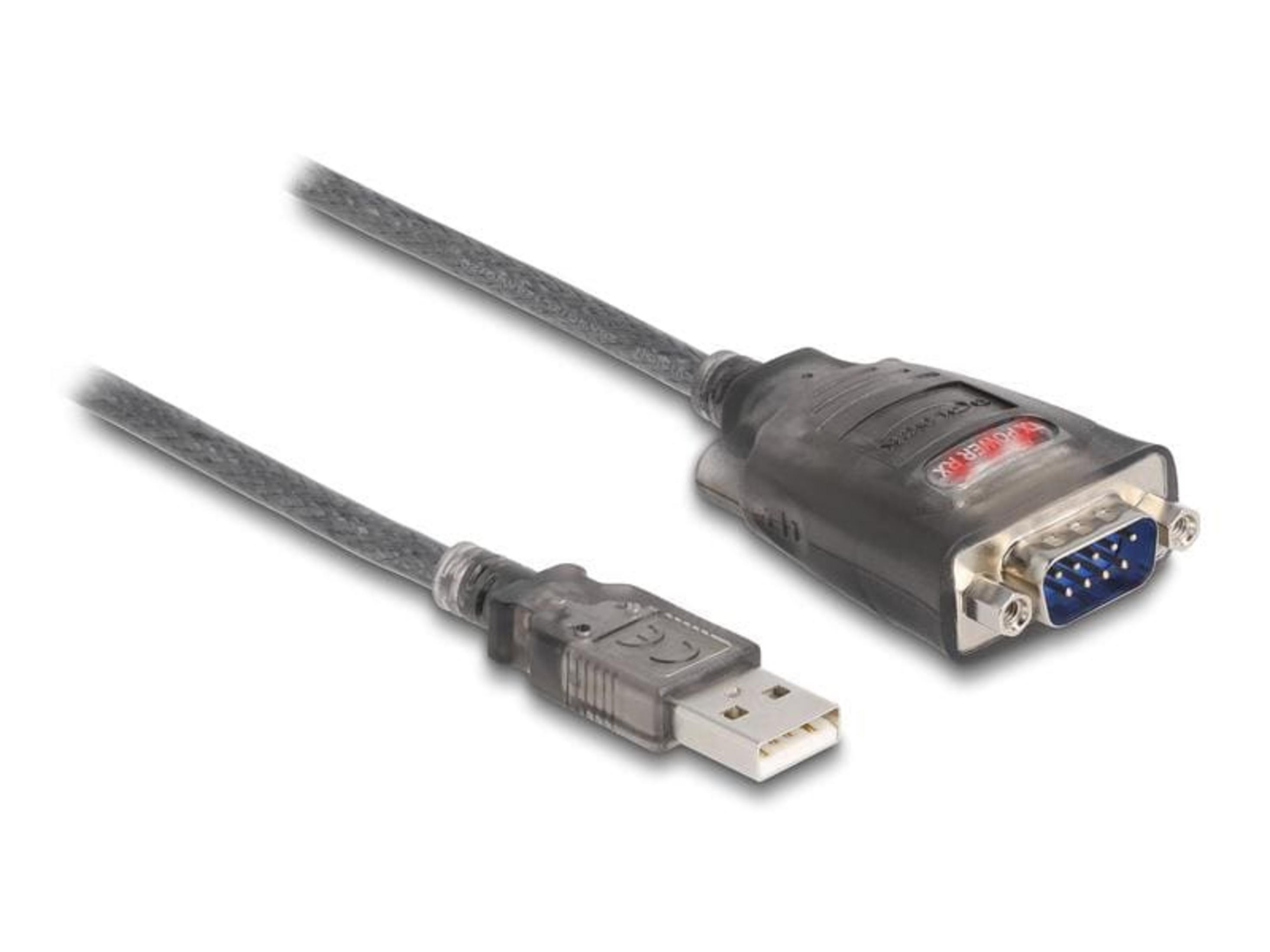 Un cavo convertitore da USB a seriale con connettori trasparenti.