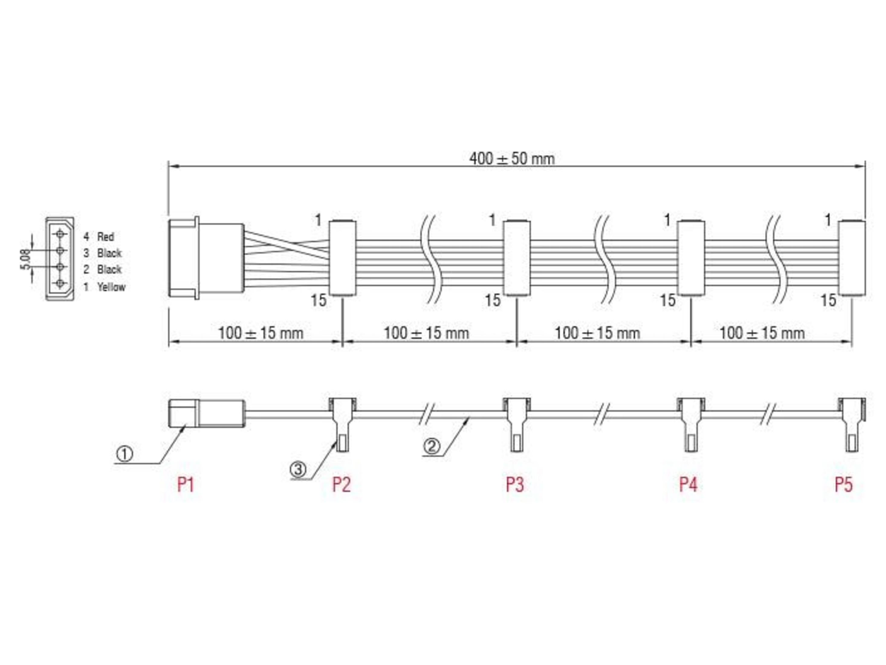 Rysunek techniczny kabla z łącznikami i wymiarami.