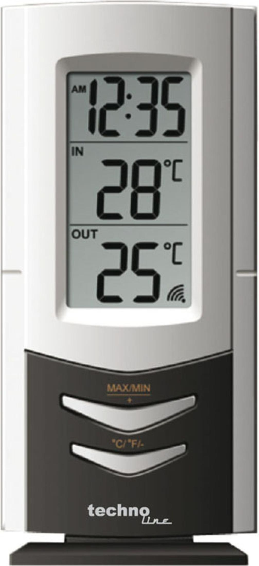 Zegar cyfrowy pokazuje 12:35, temp. wewn. 28°C, zewn. 25°C.