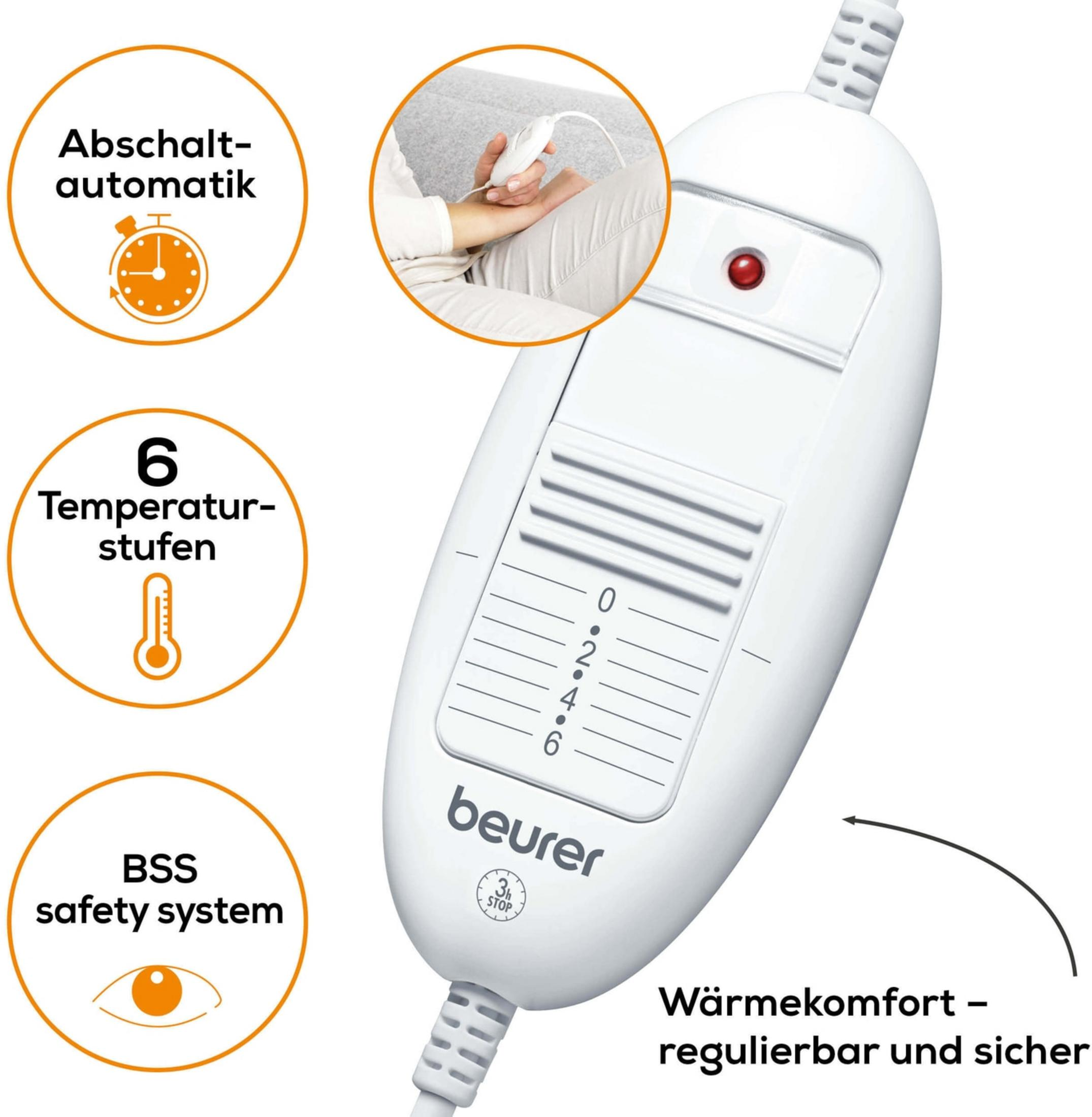 Controller coperta termica Beurer con 6 livelli, spegnimento automatico e sicurezza.