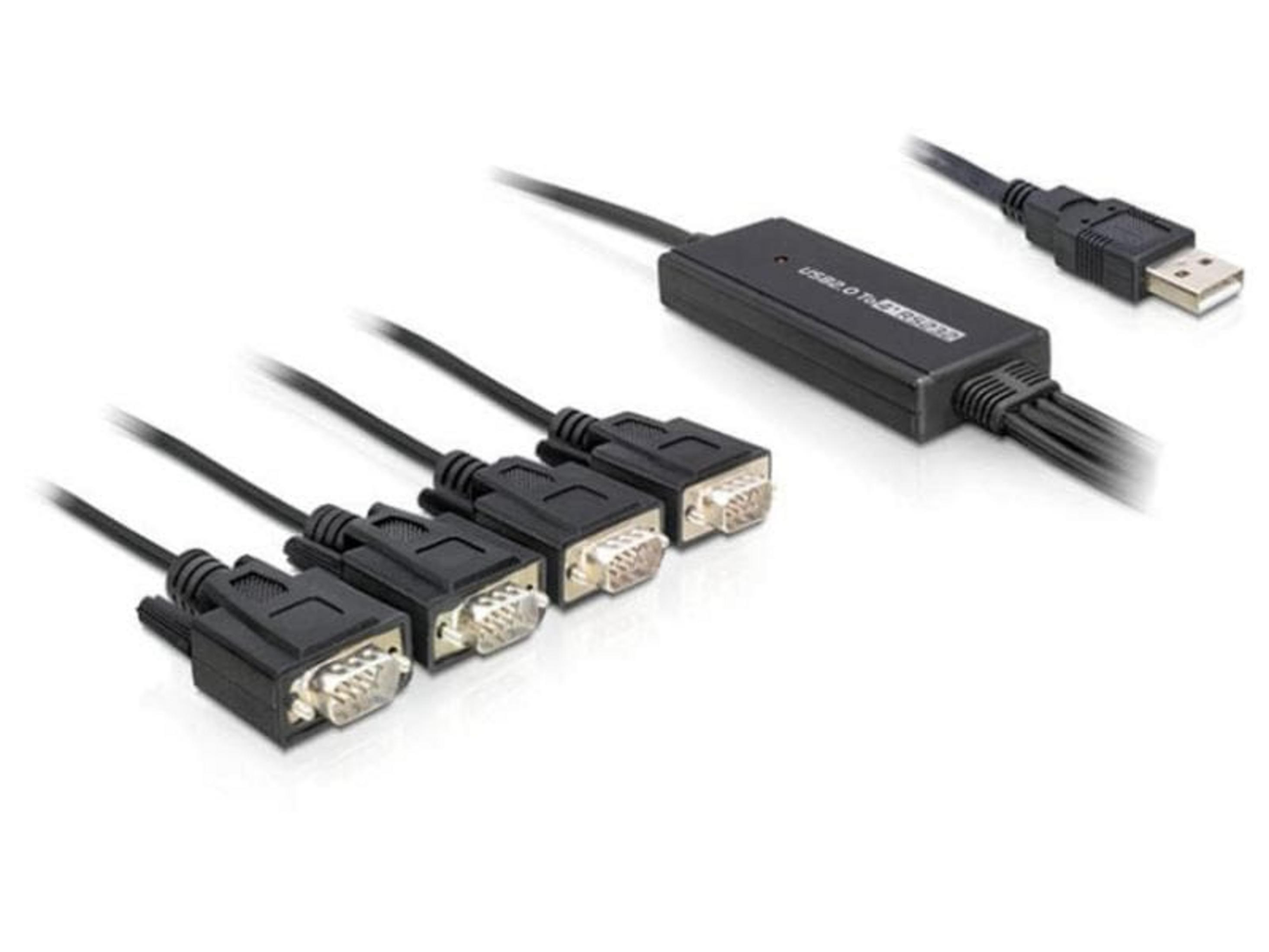 Een zwarte USB naar 4x RS232 converterkabel met vier DB9-aansluitingen.