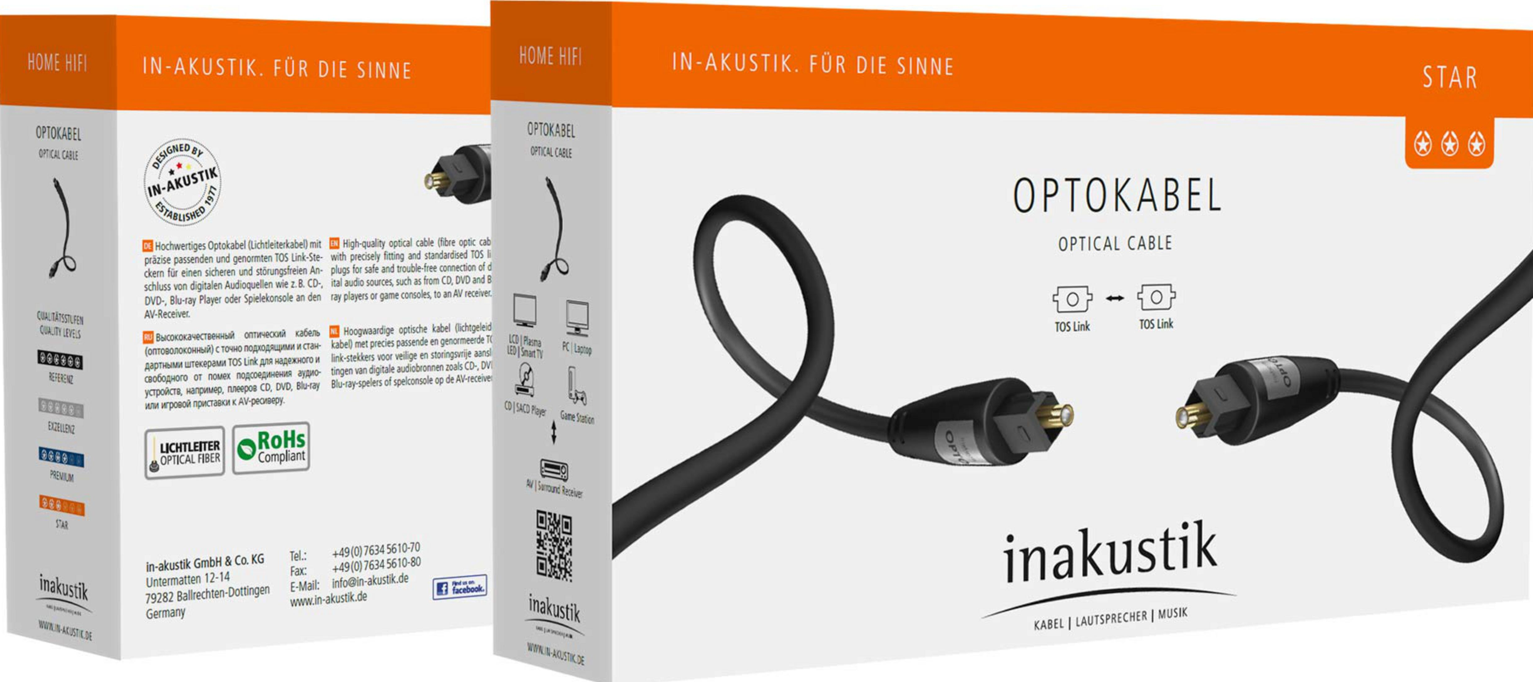 Ein schwarzes Optokabel mit TOS Link Anschlüssen liegt auf einem weißen Hintergrund.