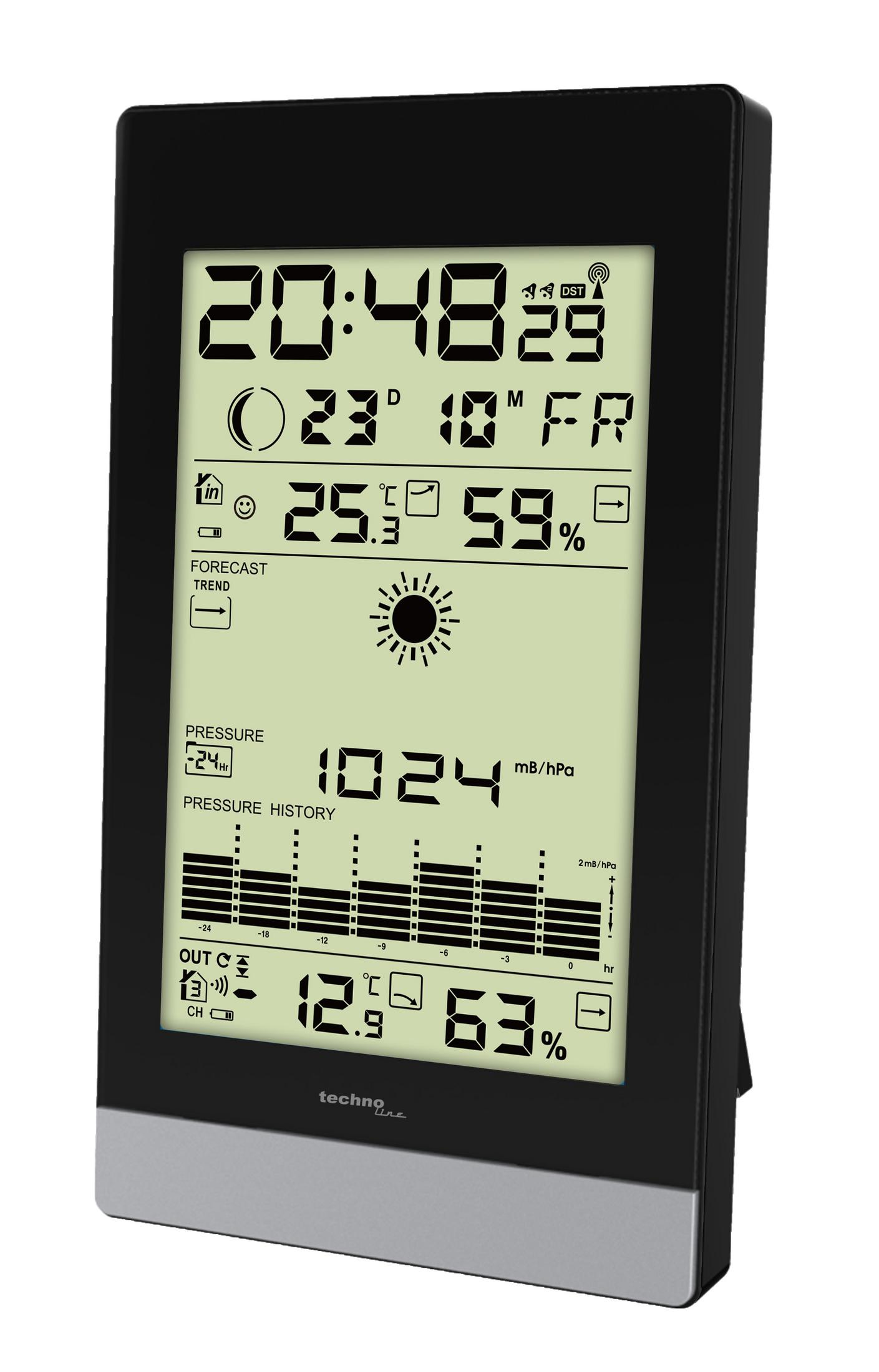 Cyfrowa stacja pogodowa pokazuje czas, temperaturę, wilgotność, ciśnienie i prognozę.