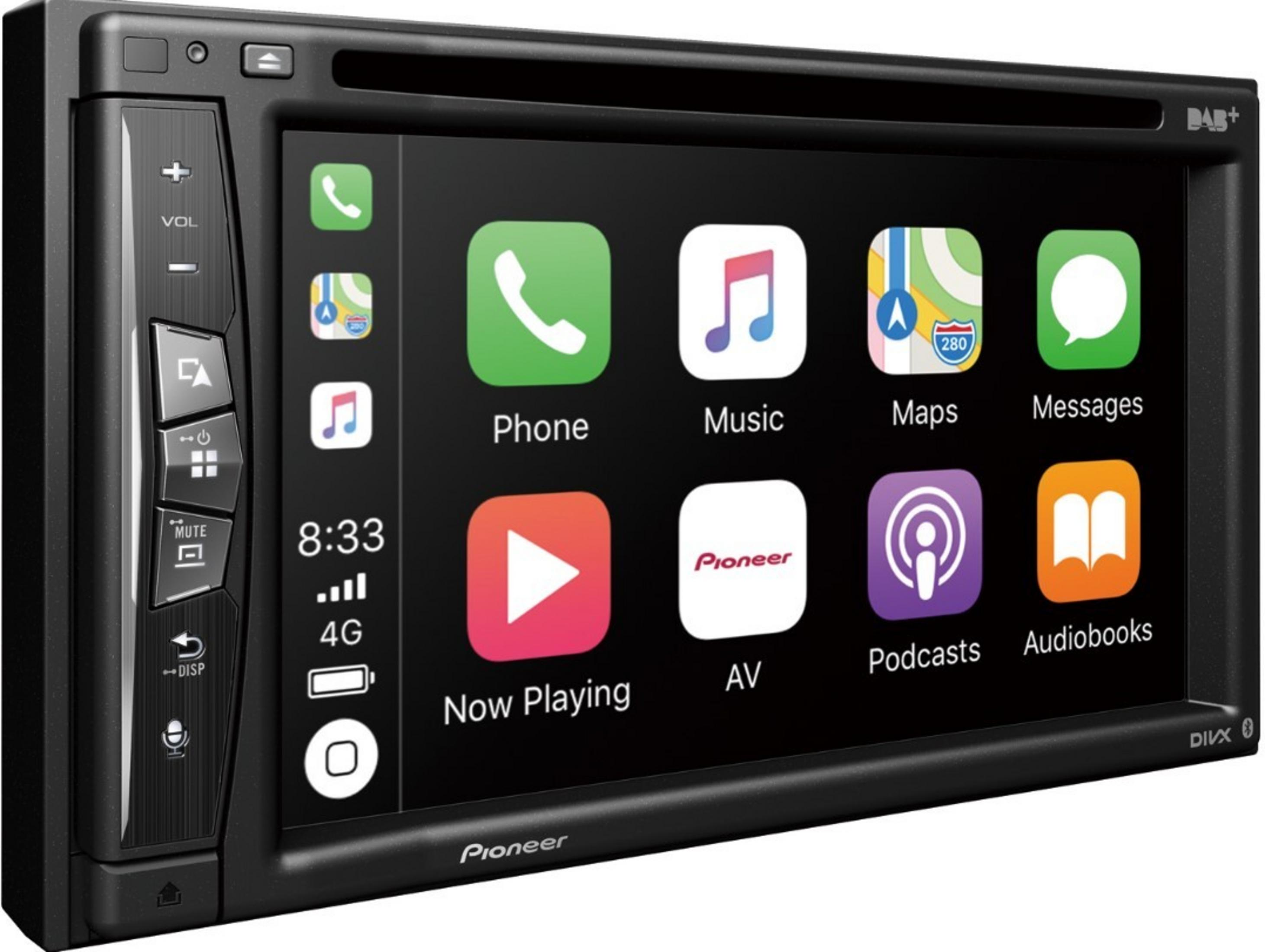 Ein schwarzer Pioneer Autoradio mit Touchscreen. Apps wie Telefon, Musik, Karten, Nachrichten sind sichtbar.