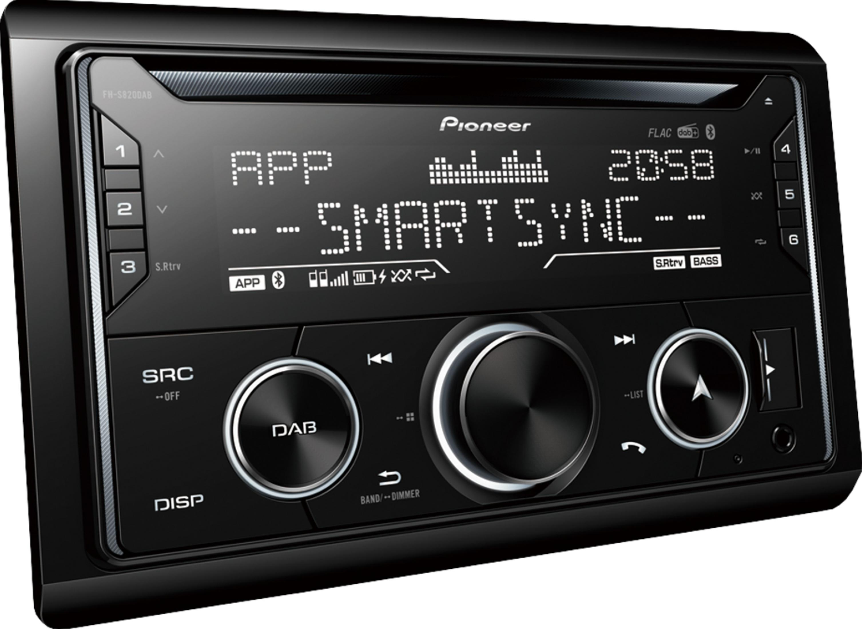 Ein schwarzer Pioneer Autoradio mit einem digitalen Display, das SMART SYNC anzeigt.