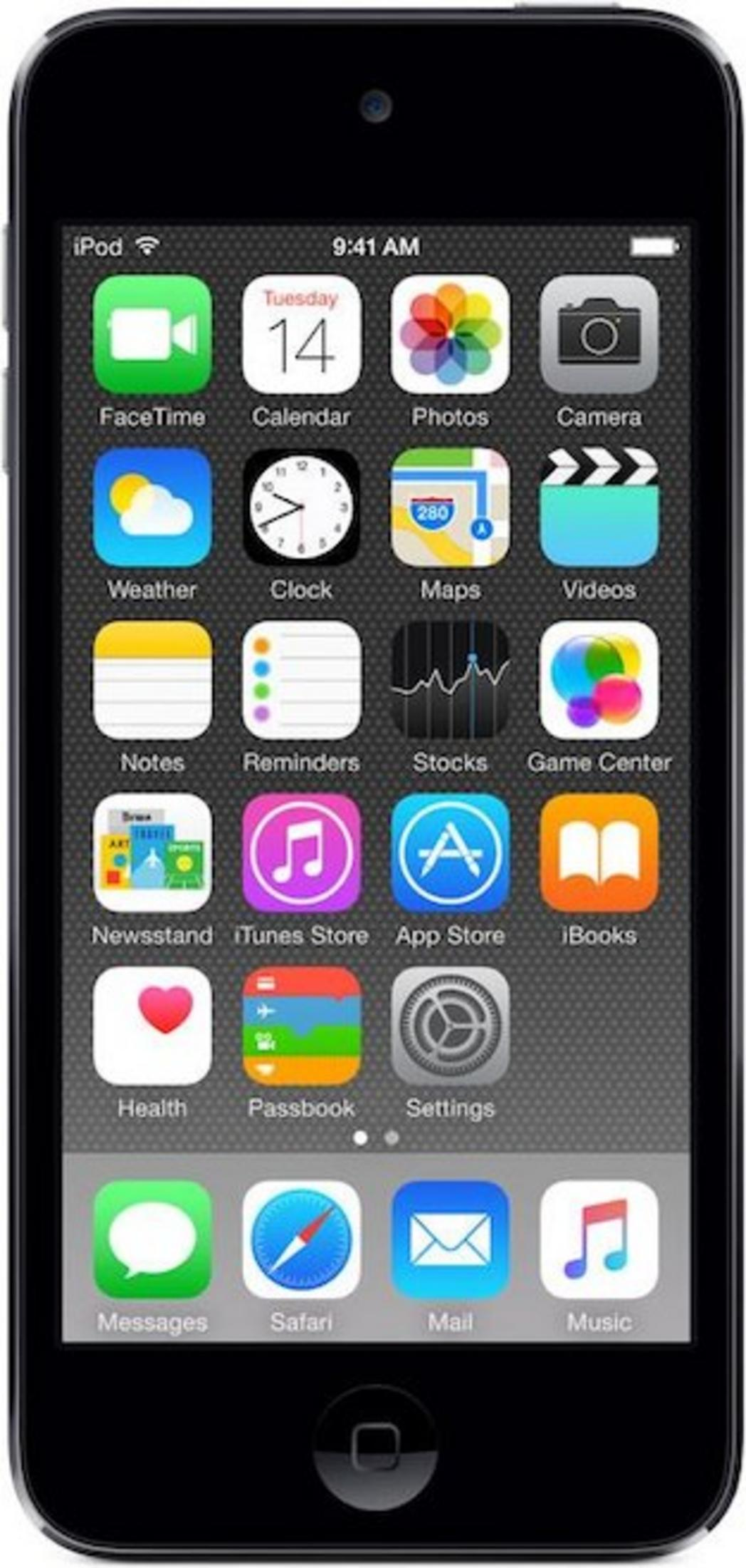 Schwarzer iPod Touch zeigt den Homescreen mit verschiedenen App-Icons und der Uhrzeit 9:41 Uhr.