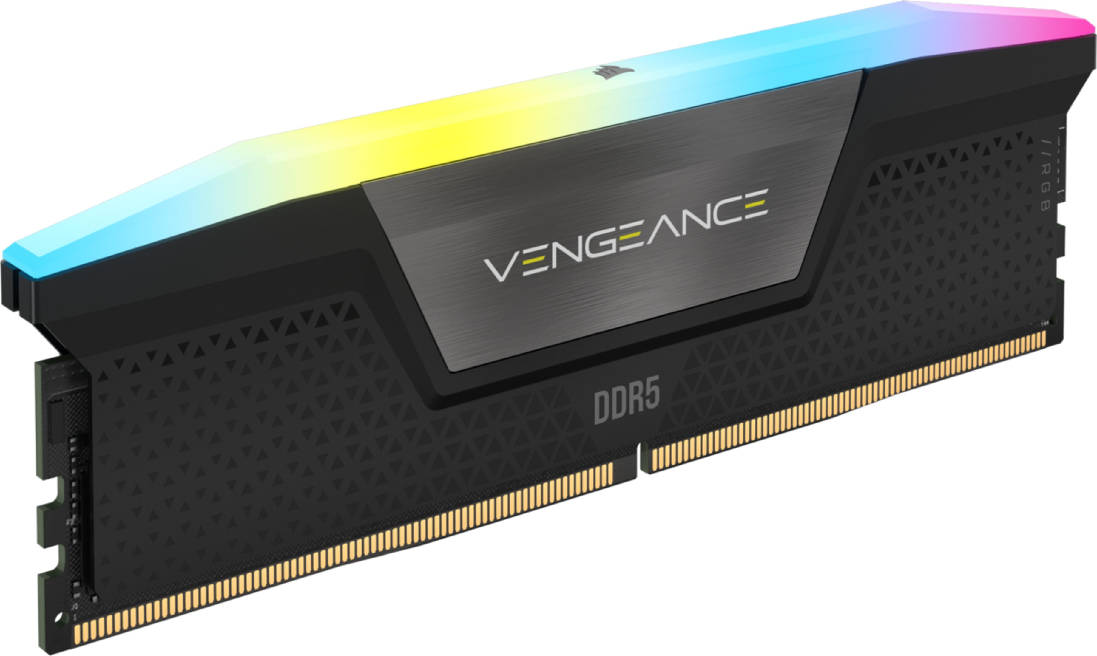 Czarny moduł RAM DDR5 z podświetleniem RGB i logo Vengeance.