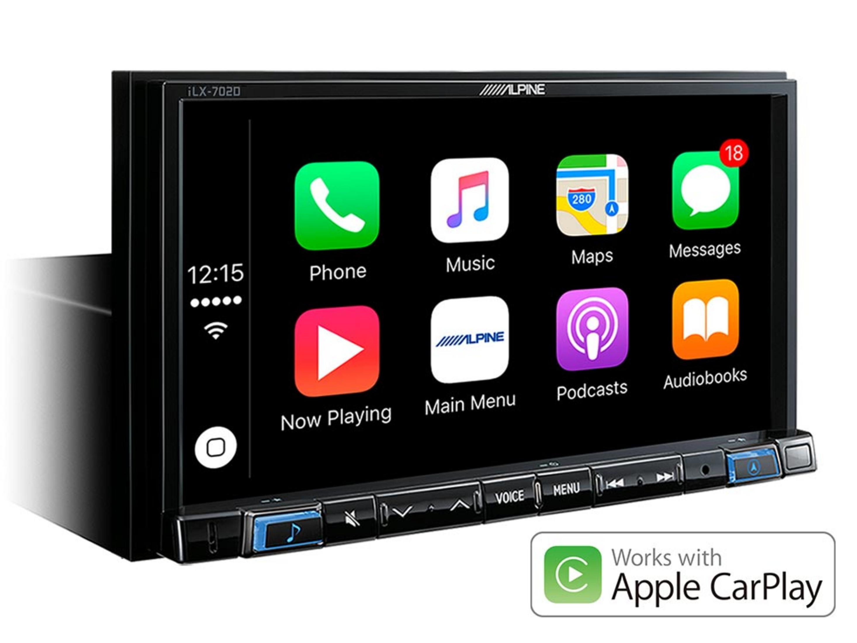 Alpine iLX-7020 Touchscreen mit Apple CarPlay und App-Icons.