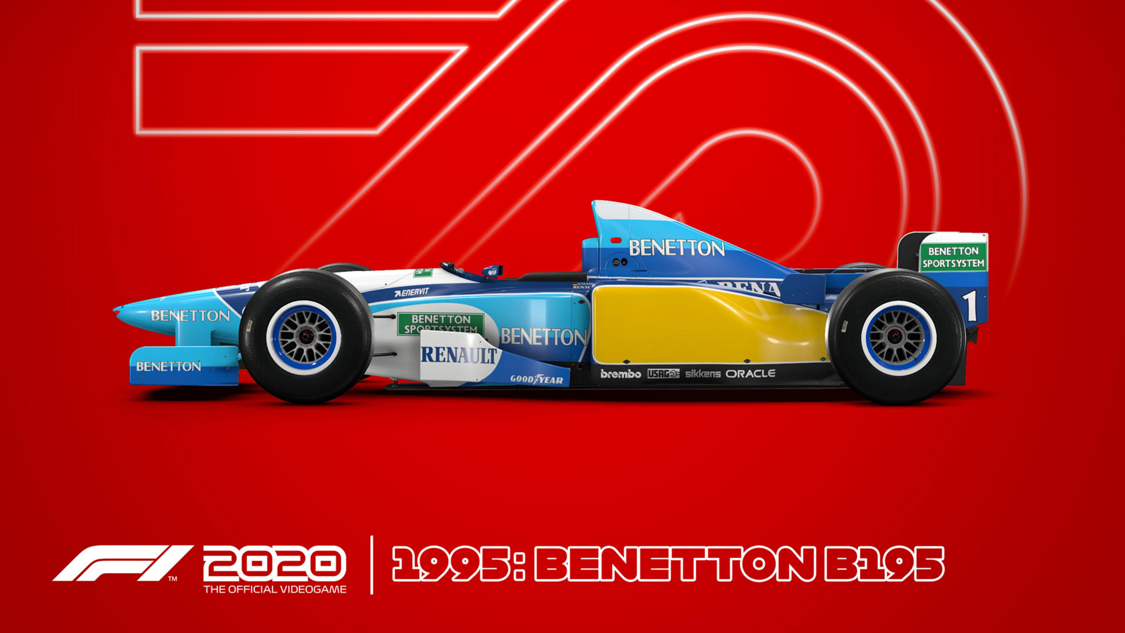 Blauer und gelber F1-Rennwagen mit der Nummer 1 auf rotem Hintergrund.