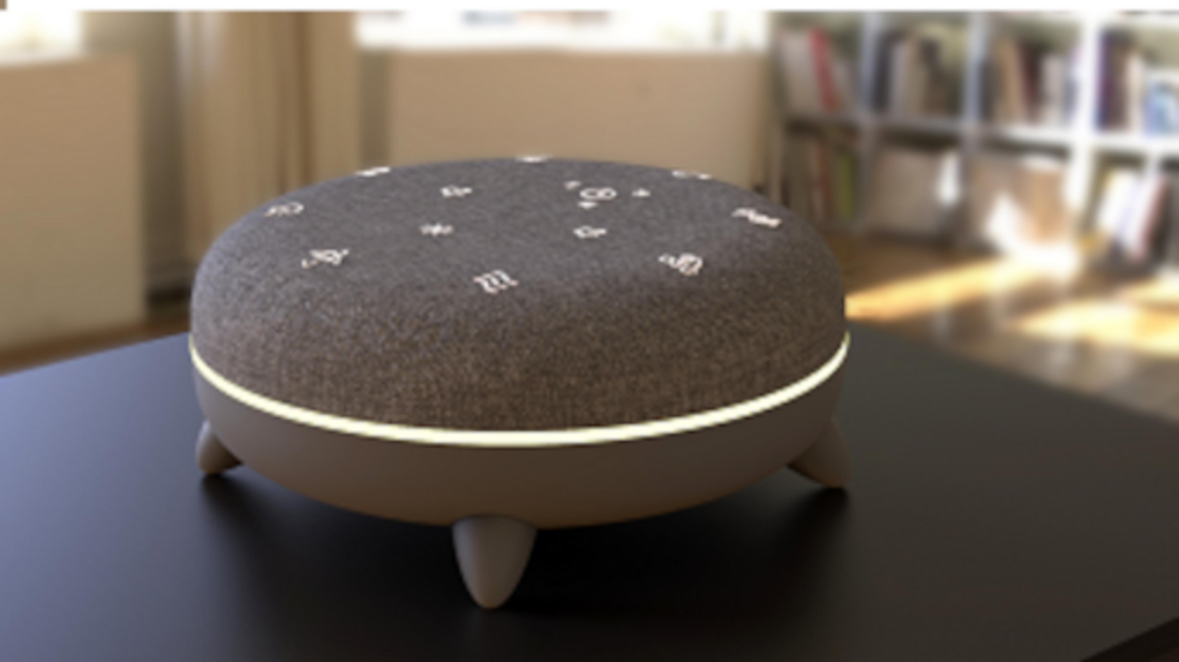 Sgabello grigio con gambe e bordo luminoso, decorato con simboli.