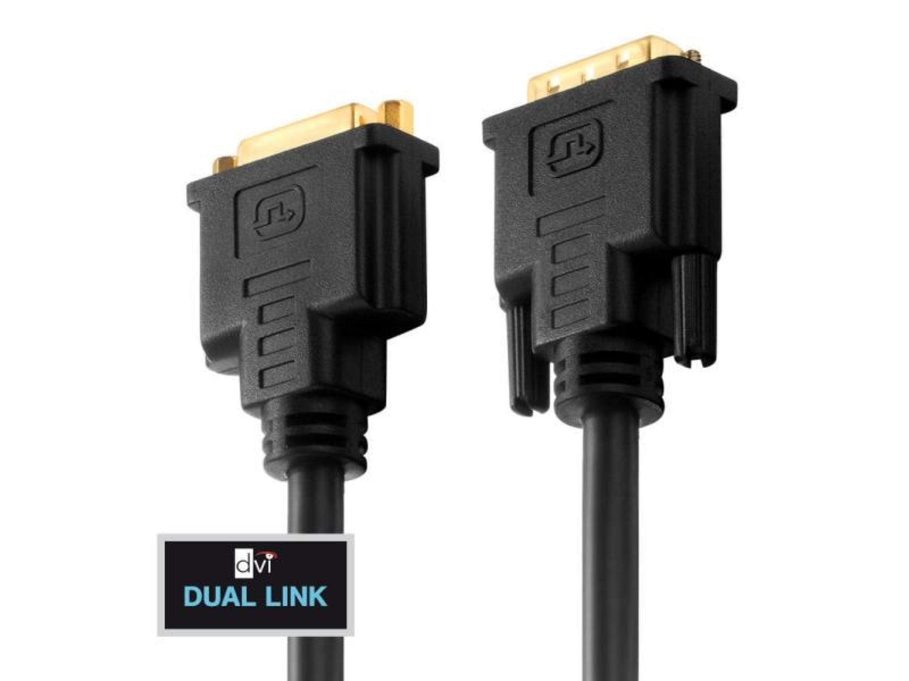 Dwa czarne kable DVI dual-link ze złotymi złączami na białym tle.