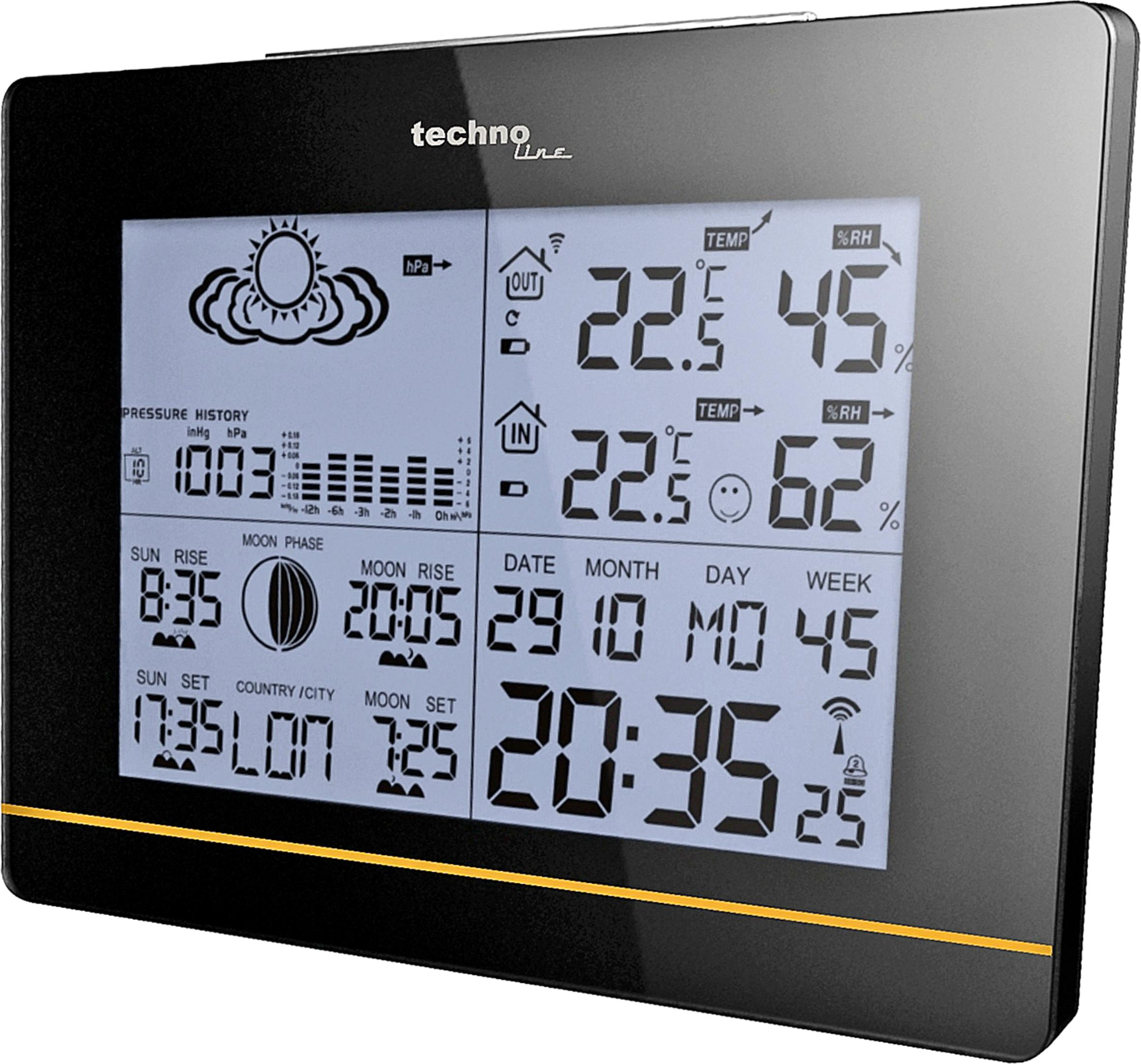Station météo numérique affichant température int/ext, humidité, date, heure et phase lunaire.