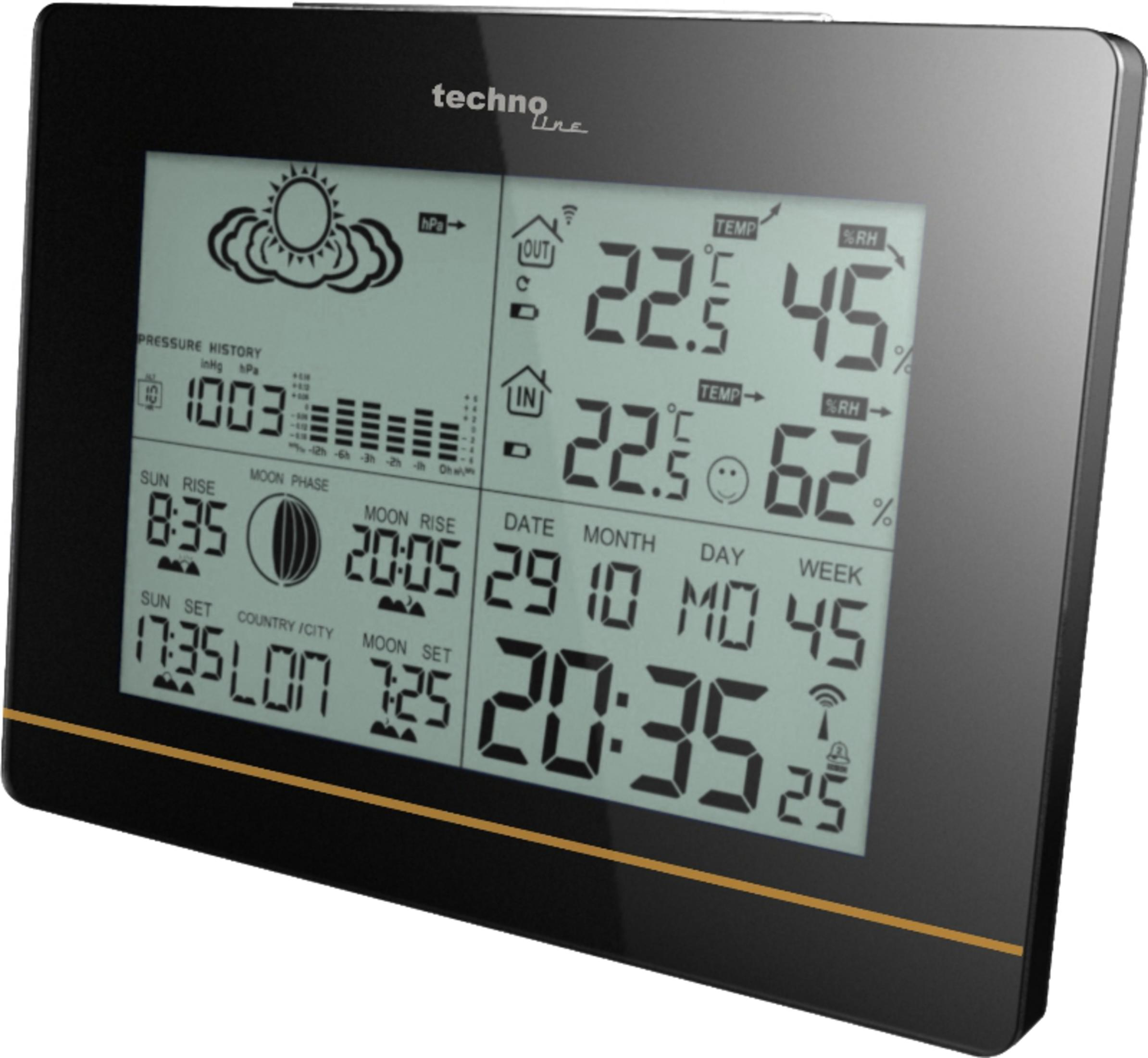 Station météo numérique affichant température ext. 22,5°C, humidité 45%, température int. 22,5°C, humidité 62%.