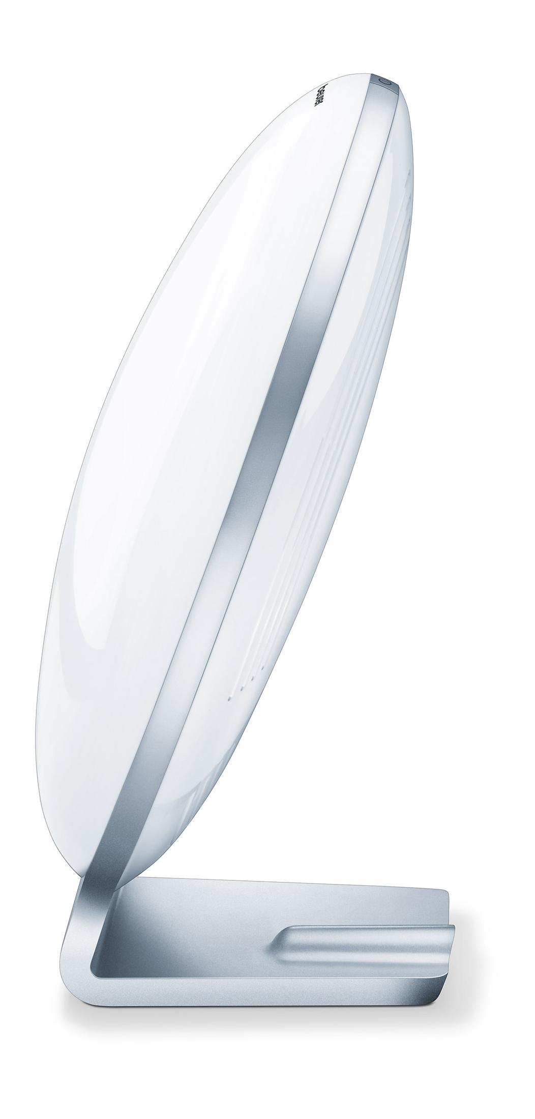 Ein ovaler, weißer Lichttherapiegerät mit silbernem Streifen auf einem silbernen Ständer.